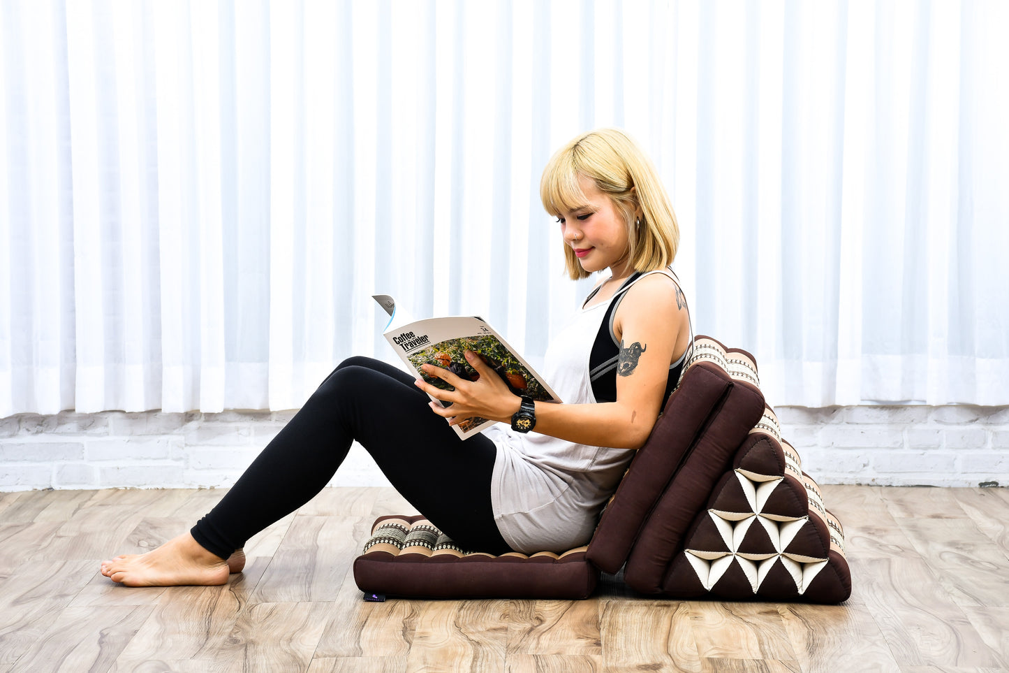 Thai Folding Mat with Triangle Cushion – Handmade Kapok Relax Mat for Sleeping, Reading & Lounging, Sf10 - Brown, 3 seating segments