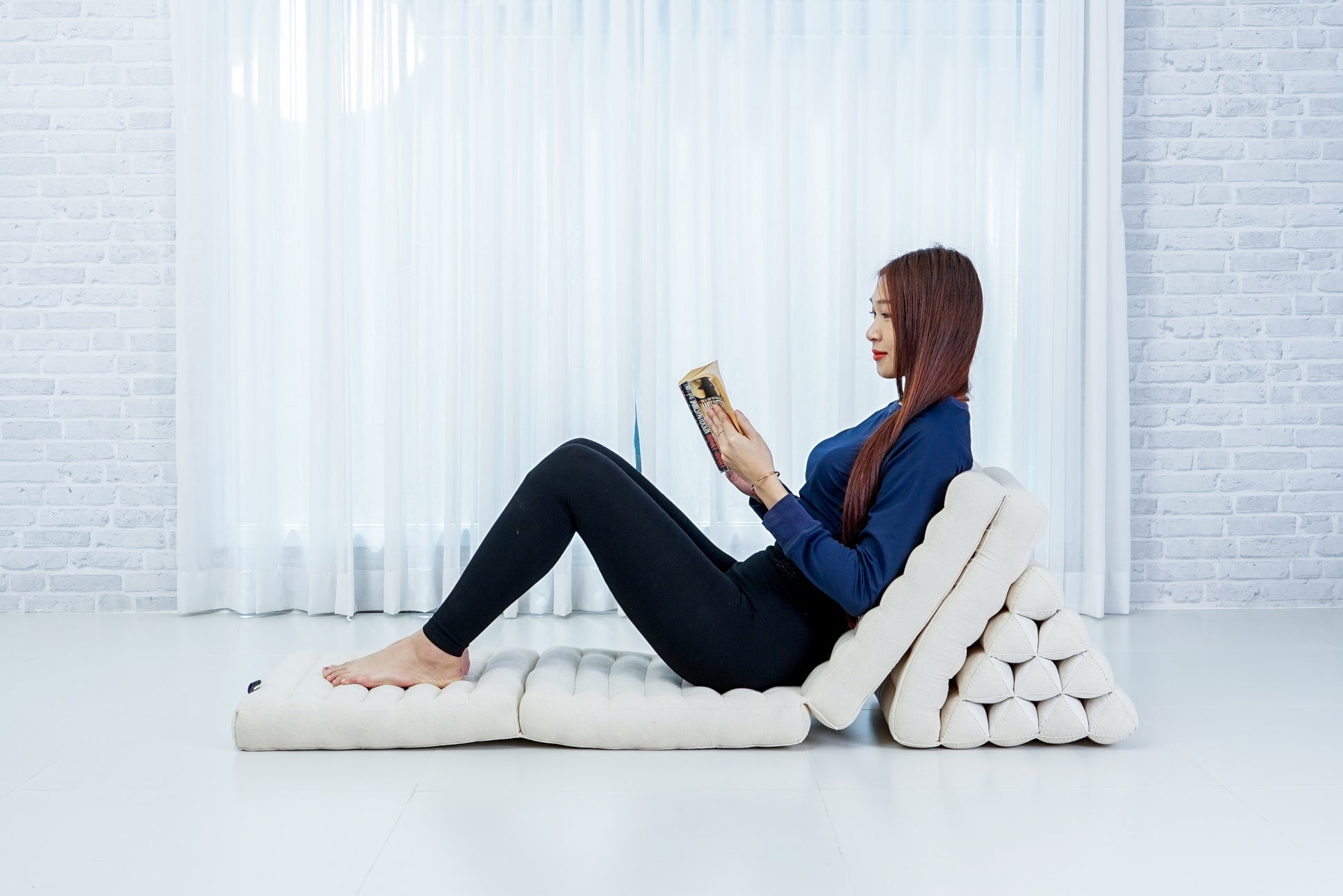 Thai Folding Mat with Triangle Cushion – Handmade Kapok Relax Mat for Sleeping, Reading & Lounging, Cl01 - Ecru, 4 seating segments