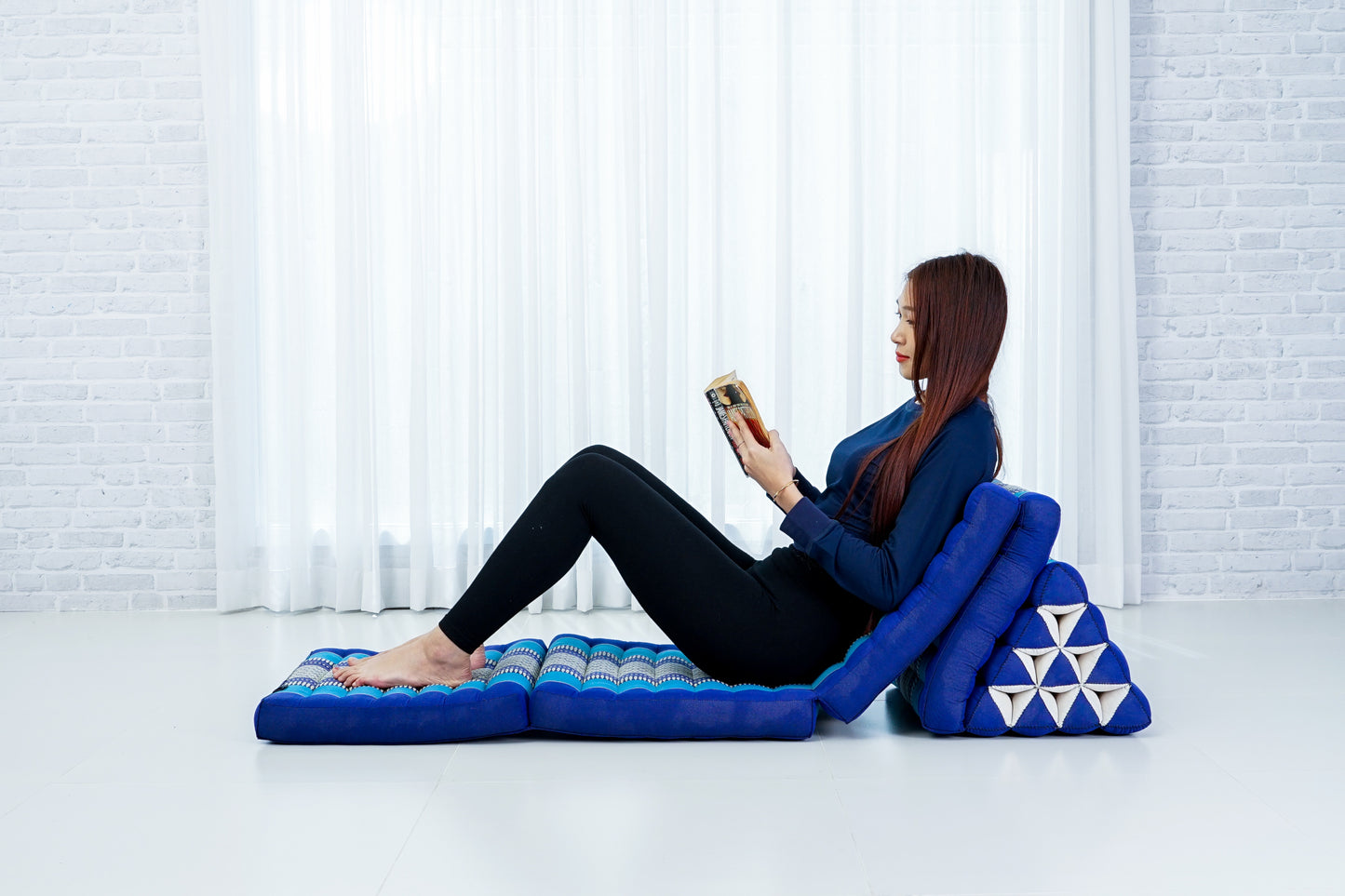 Thai Folding Mat with Triangle Cushion – Handmade Kapok Relax Mat for Sleeping, Reading & Lounging, Sf28 - Blue, 4 seating segments