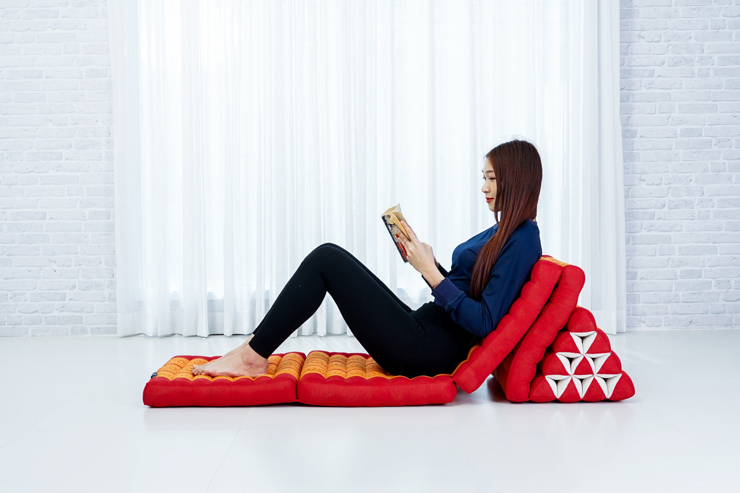 Thai Folding Mat with Triangle Cushion – Handmade Kapok Relax Mat for Sleeping, Reading & Lounging, Sf02 - Orange, 4 seating segments