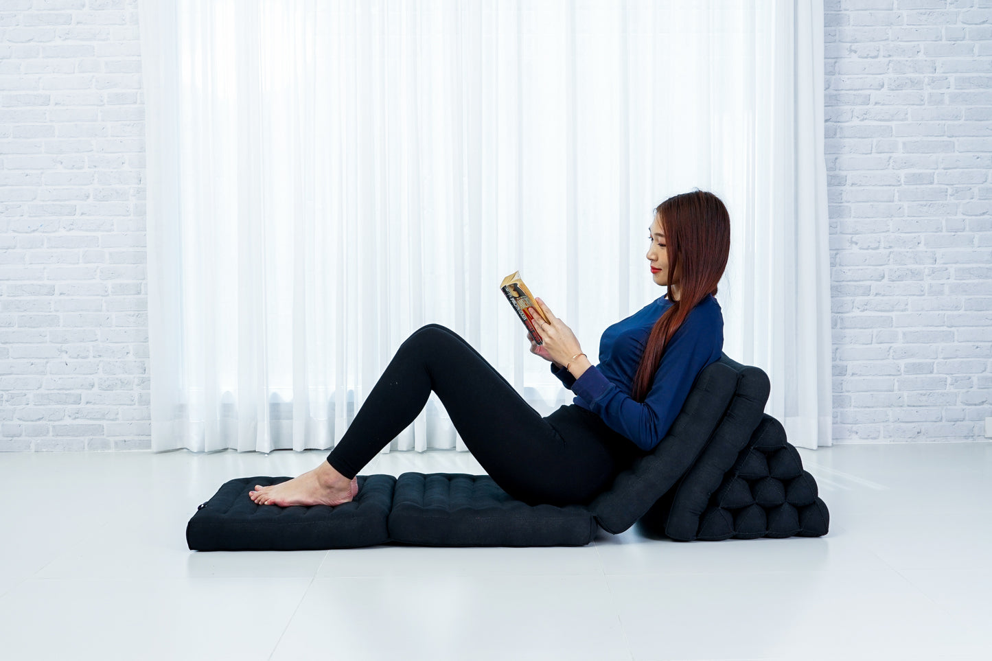 Thai Folding Mat with Triangle Cushion – Handmade Kapok Relax Mat for Sleeping, Reading & Lounging, Cl02 - Black, 4 seating segments