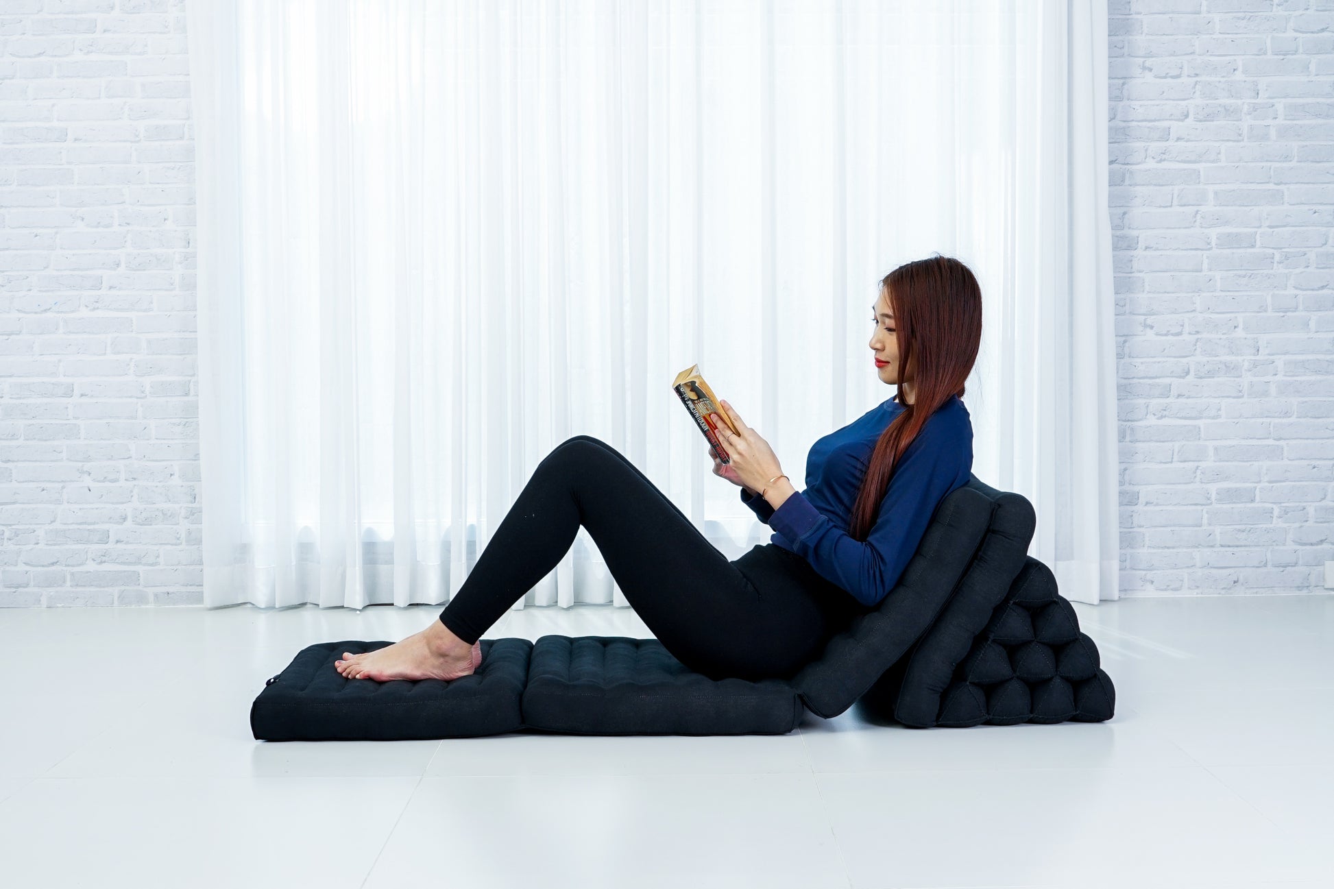 Thai Folding Mat with Triangle Cushion – Handmade Kapok Relax Mat for Sleeping, Reading & Lounging, Cl02 - Black, 4 seating segments