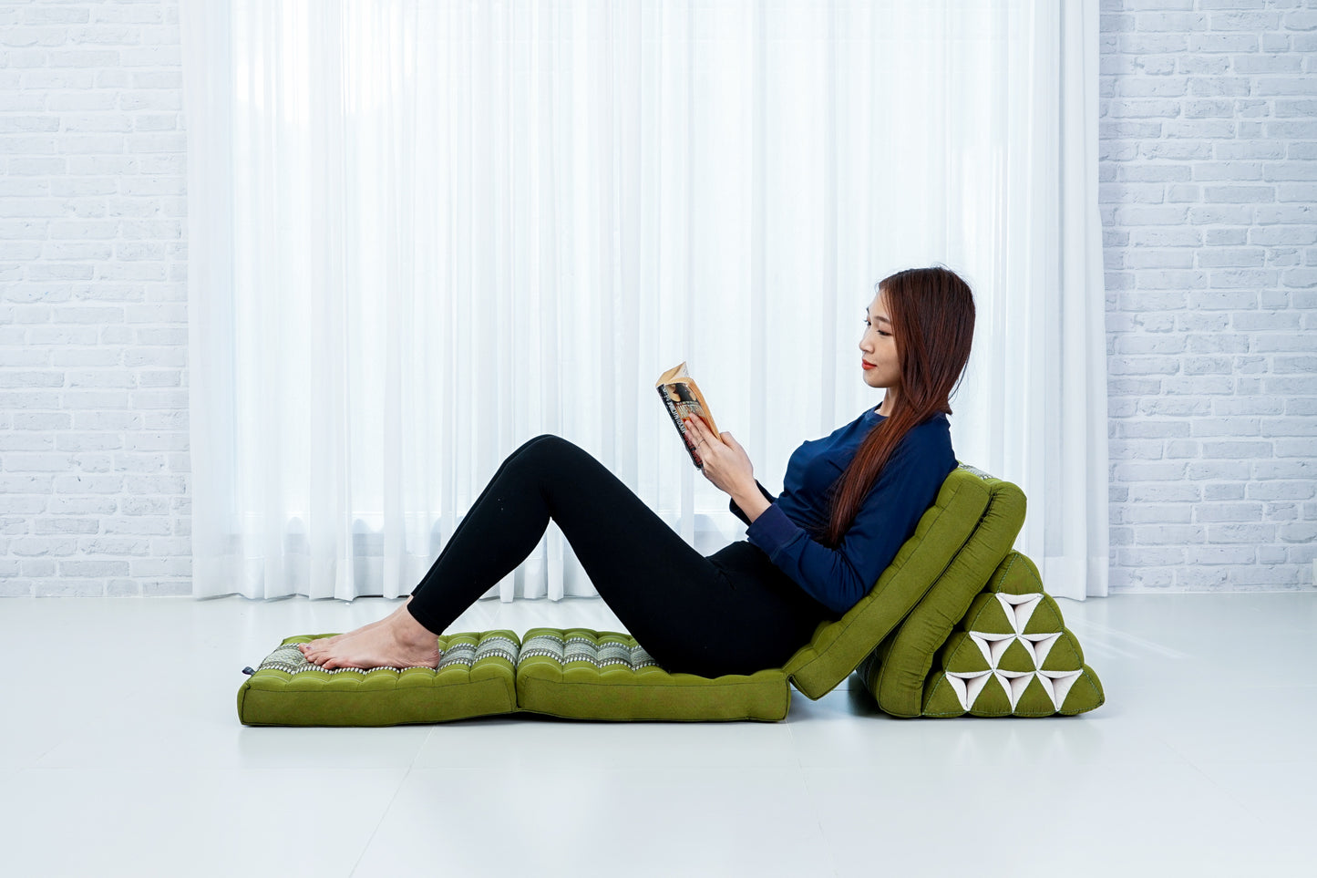 Thai Folding Mat with Triangle Cushion – Handmade Kapok Relax Mat for Sleeping, Reading & Lounging, Sf17 - Green, 4 seating segments