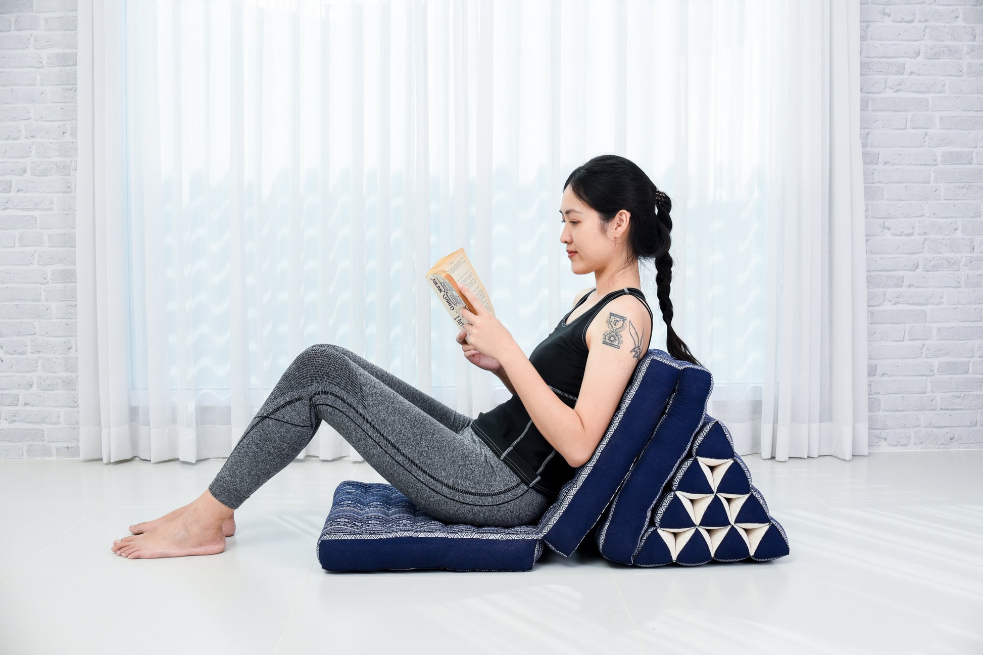 Thai Folding Mat with Triangle Cushion – Handmade Kapok Relax Mat for Sleeping, Reading & Lounging, Cbt2 - Dark Blue, 3 seating segments