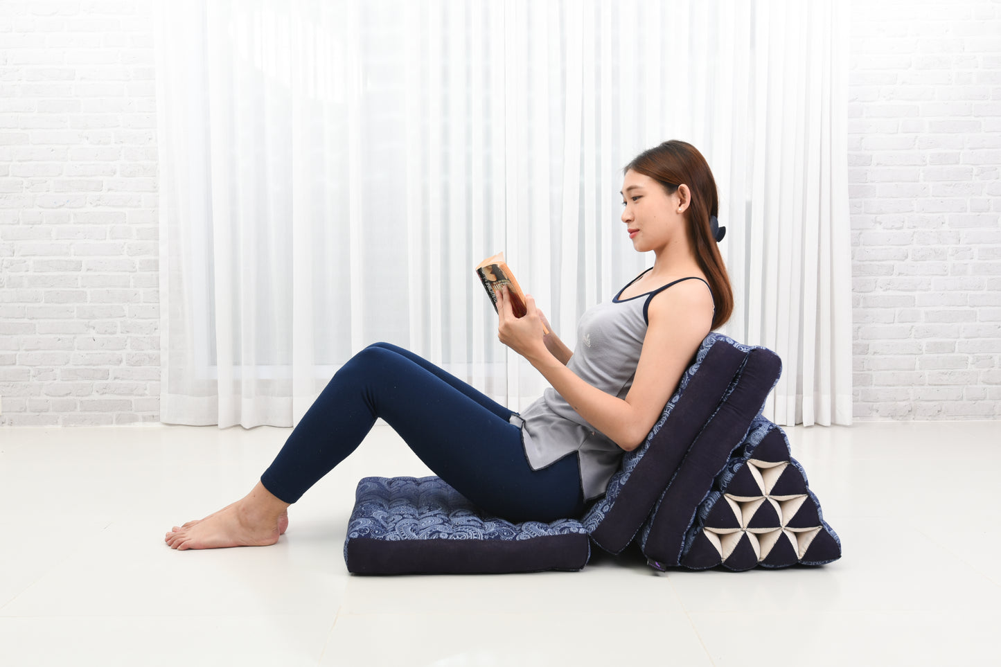 Thai Folding Mat with Triangle Cushion – Handmade Kapok Relax Mat for Sleeping, Reading & Lounging, Cbt1 - Blue, 3 seating segments