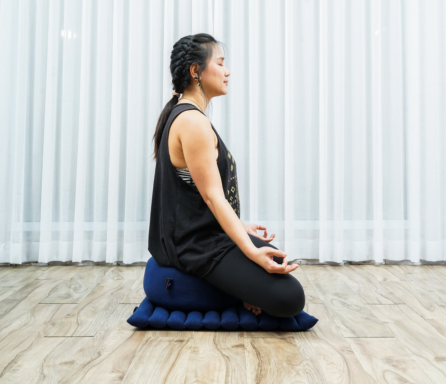 Compact Meditation Cushion Set Made of Kapok – Small Zabuton & Zafu with Cotton Cover, Cl44 - blue