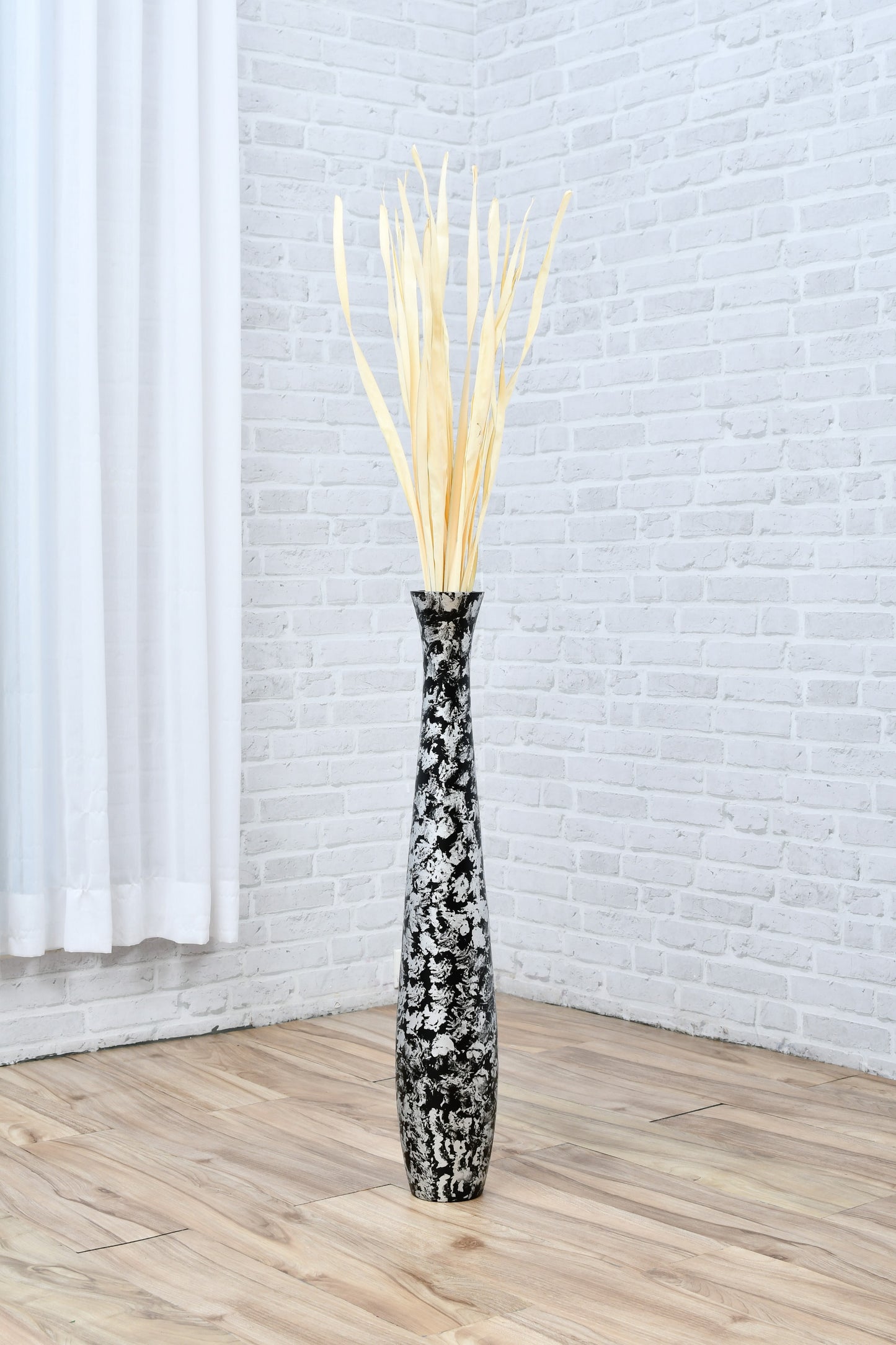 Large Mango Wood Floor Vase – Handcrafted Decorative Highlight from Thailand, silver, black, 65 cm