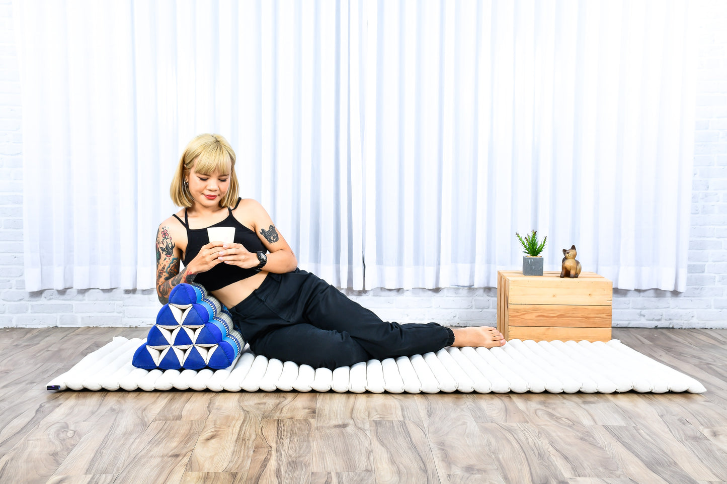 Triangular Kapok Backrest Cushion – Firm Thai Reading Pillow with Cotton Cover in Plain or Patterned Designs, Sf28 - Blue, triangle cushion