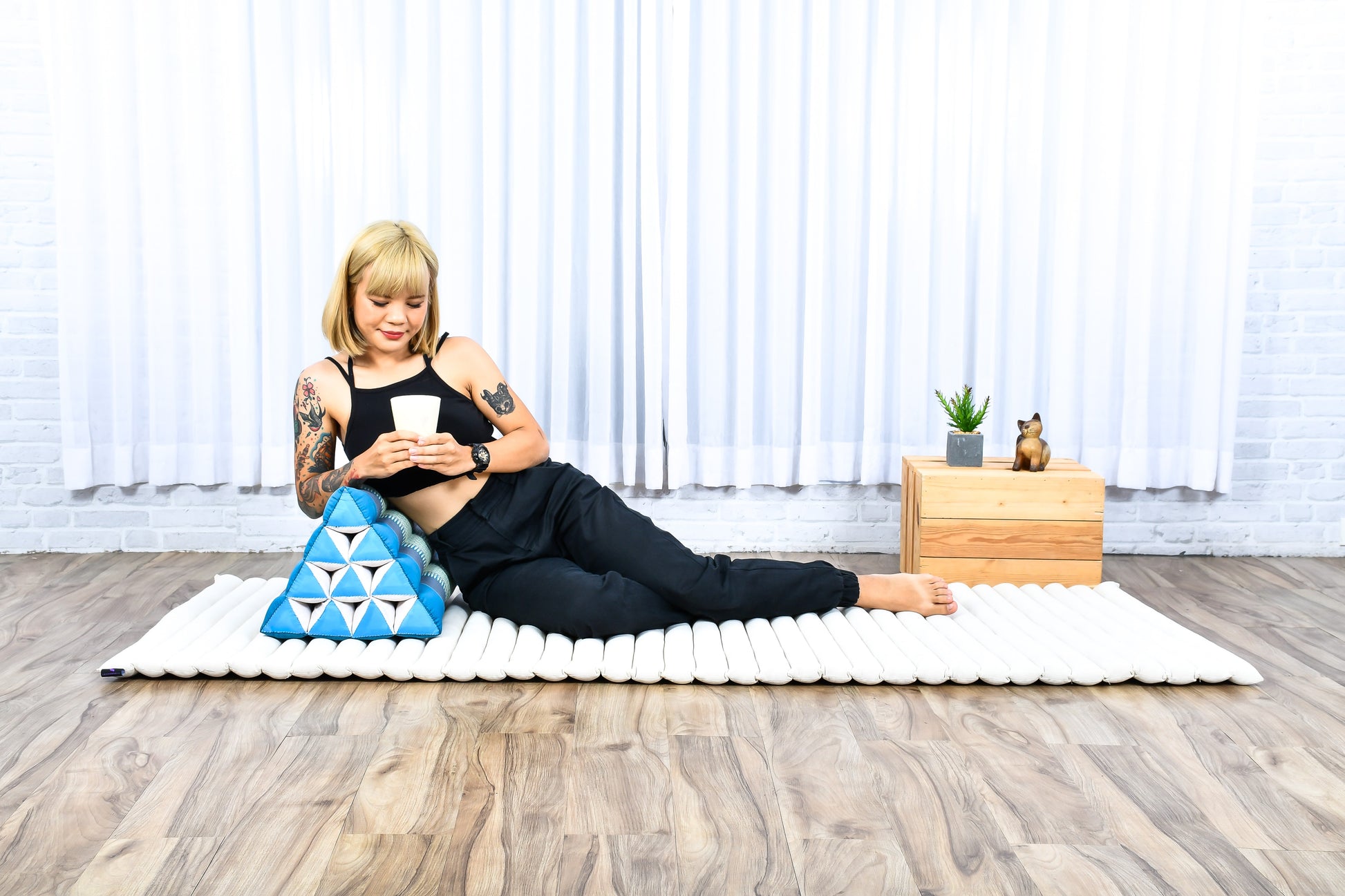 Triangular Kapok Backrest Cushion – Firm Thai Reading Pillow with Cotton Cover in Plain or Patterned Designs, Sf22 - Blue, triangle cushion