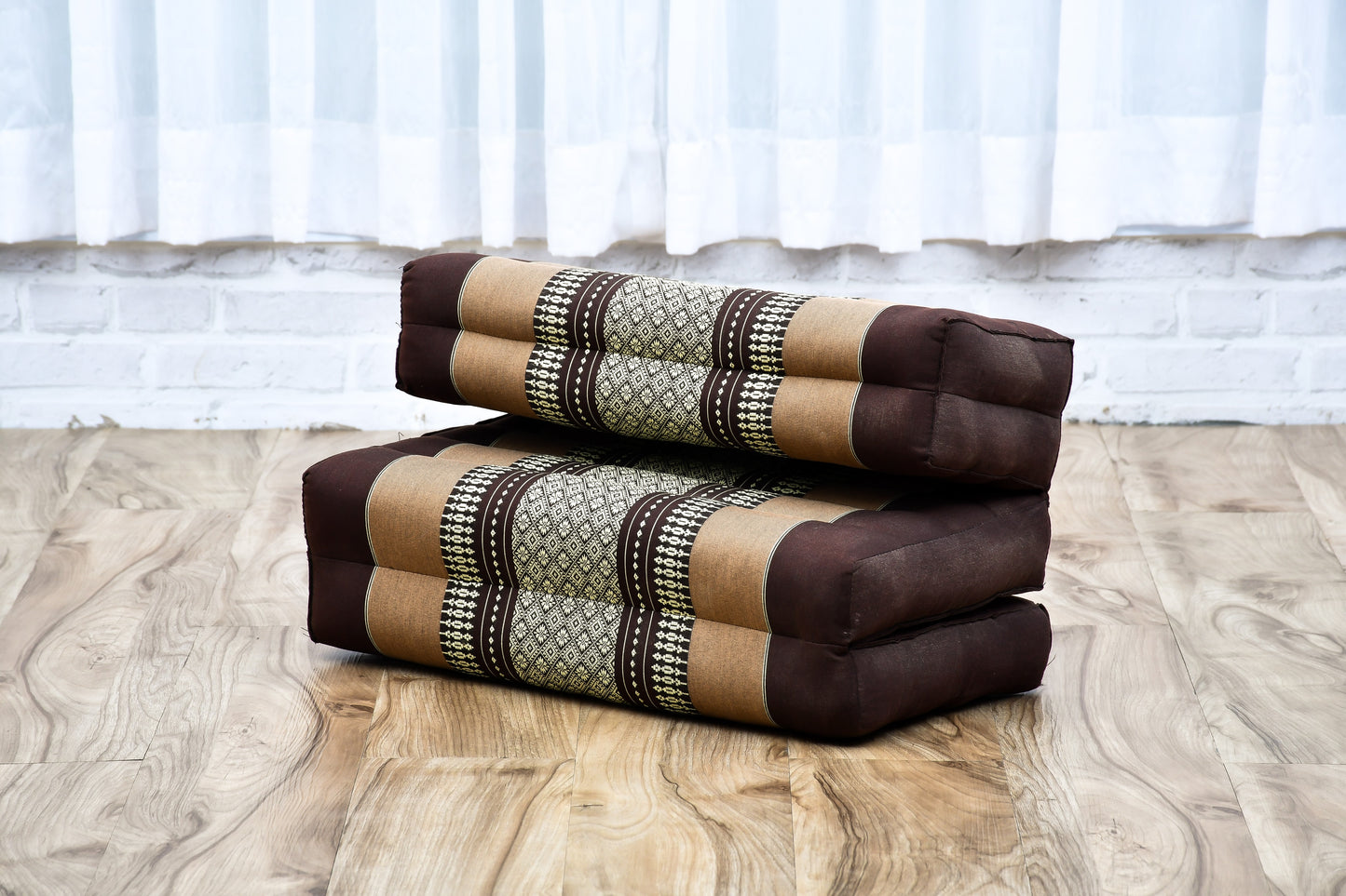 Foldable Meditation Cushion – Compact Kapok Seat with Foot Pad and Cotton Cover in Solid Colors or Thai Pattern, Sf10 - Brown