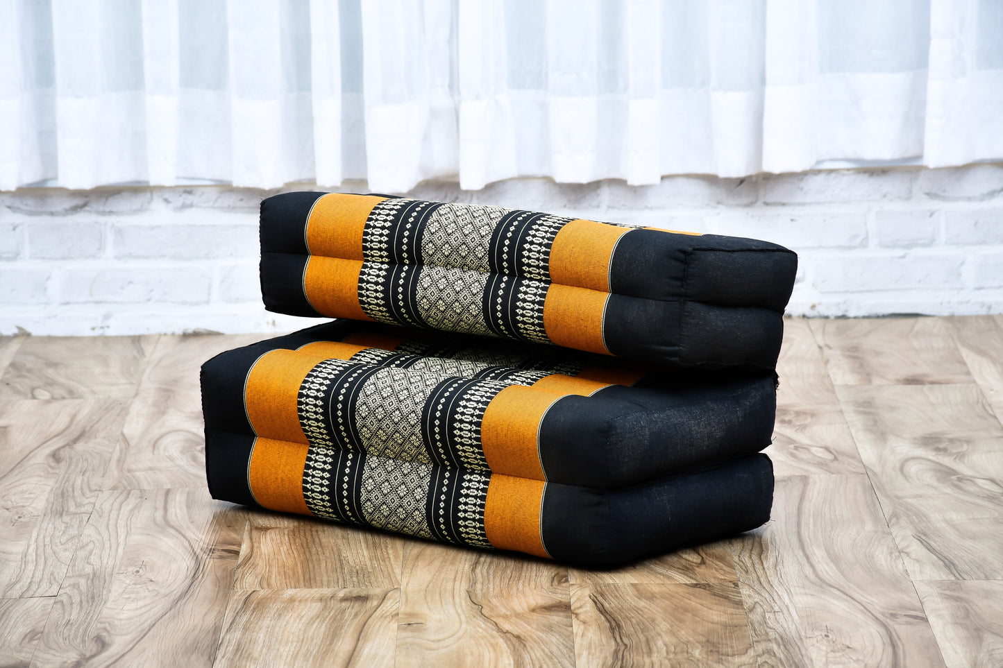 Foldable Meditation Cushion – Compact Kapok Seat with Foot Pad and Cotton Cover in Solid Colors or Thai Pattern, Sf03 - Black, Orange