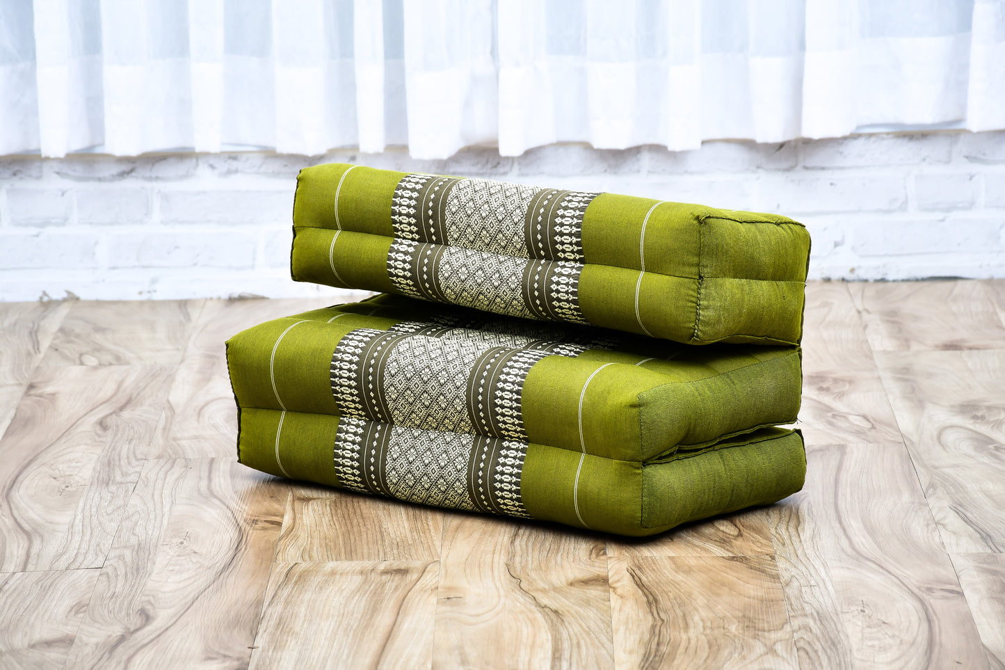 Foldable Meditation Cushion – Compact Kapok Seat with Foot Pad and Cotton Cover in Solid Colors or Thai Pattern, Sf17 - Green