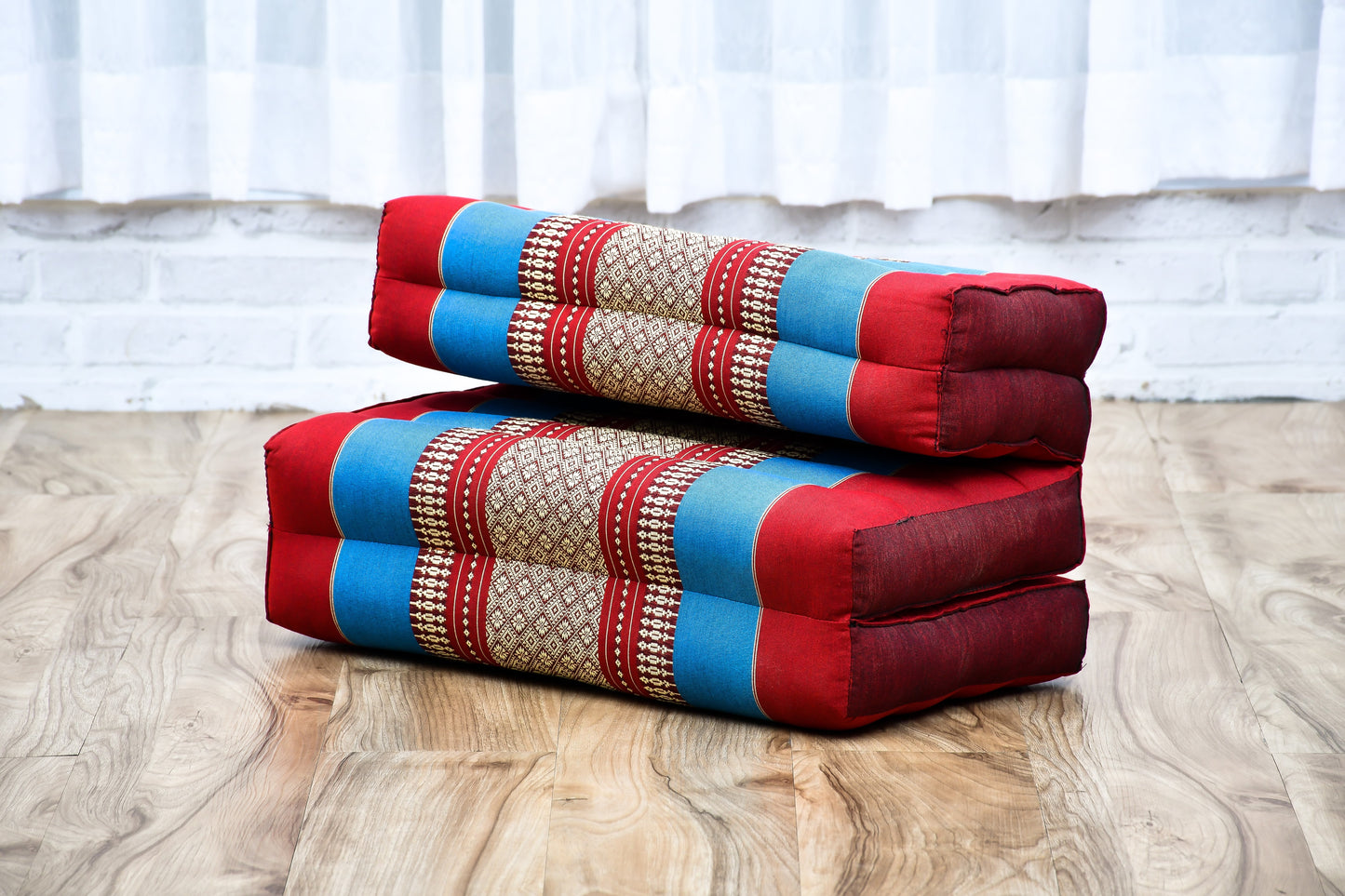 Foldable Meditation Cushion – Compact Kapok Seat with Foot Pad and Cotton Cover in Solid Colors or Thai Pattern, Sf27 - Blue, Red