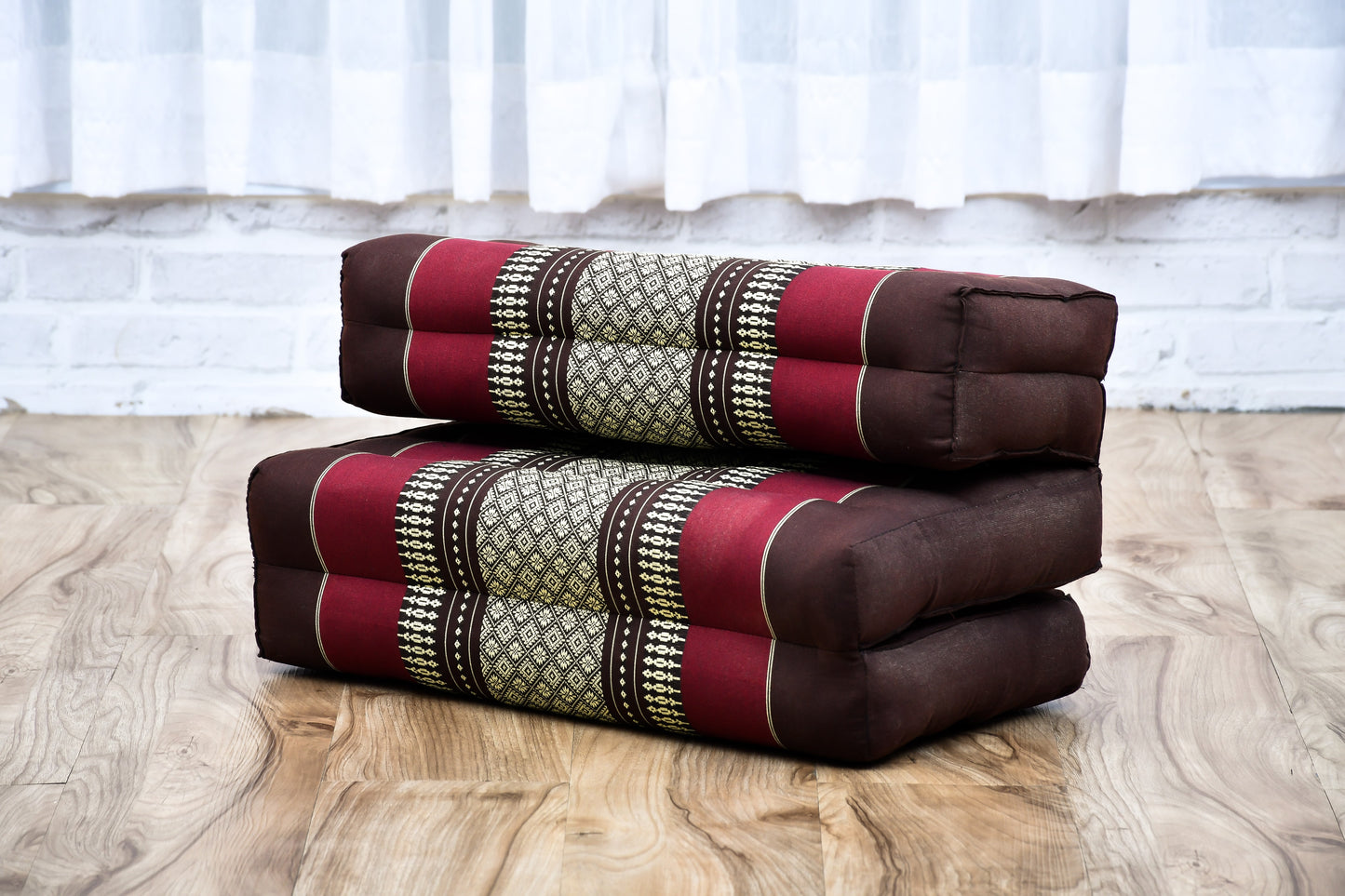 Foldable Meditation Cushion – Compact Kapok Seat with Foot Pad and Cotton Cover in Solid Colors or Thai Pattern, Sf19 - Red, Brown