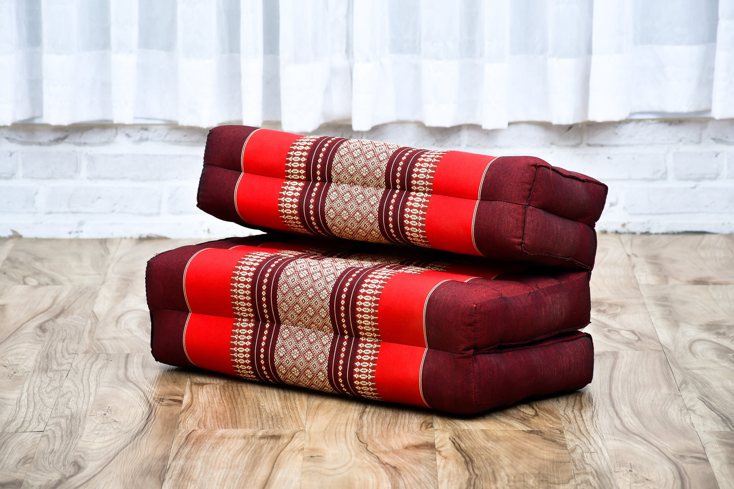 Foldable Meditation Cushion – Compact Kapok Seat with Foot Pad and Cotton Cover in Solid Colors or Thai Pattern, Sf24 - Red, Brown