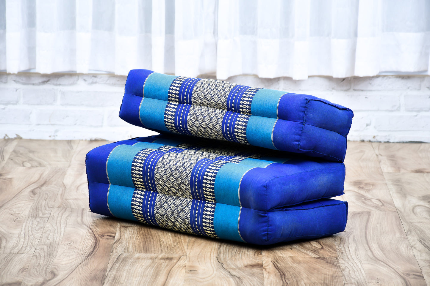 Foldable Meditation Cushion – Compact Kapok Seat with Foot Pad and Cotton Cover in Solid Colors or Thai Pattern, Sf28 - Blue