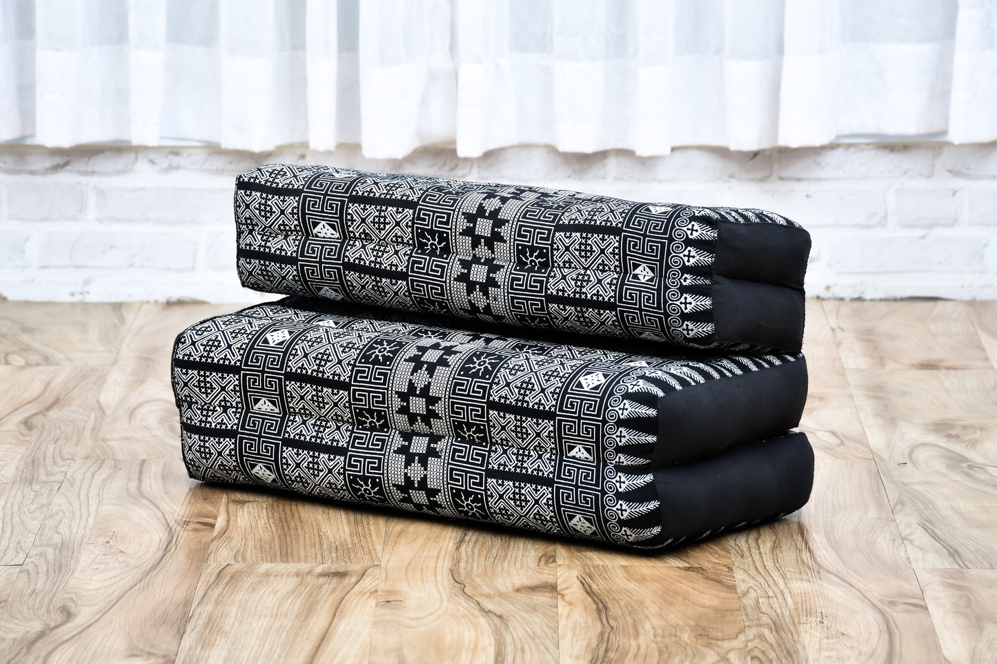 Foldable Meditation Cushion – Compact Kapok Seat with Foot Pad and Cotton Cover in Solid Colors or Thai Pattern, Cbt4 - Black