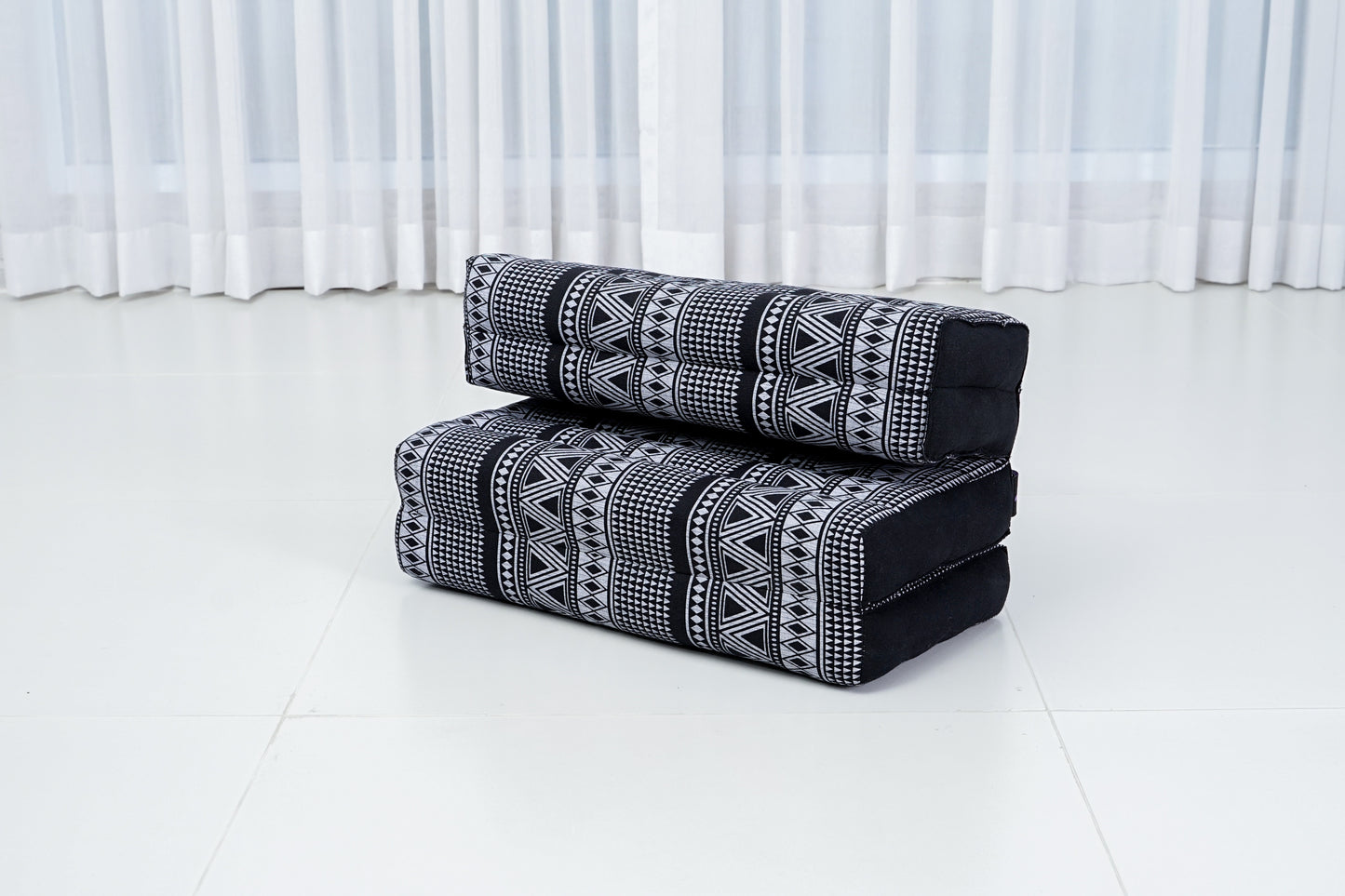 Foldable Meditation Cushion – Compact Kapok Seat with Foot Pad and Cotton Cover in Solid Colors or Thai Pattern, Cbt3 - Black