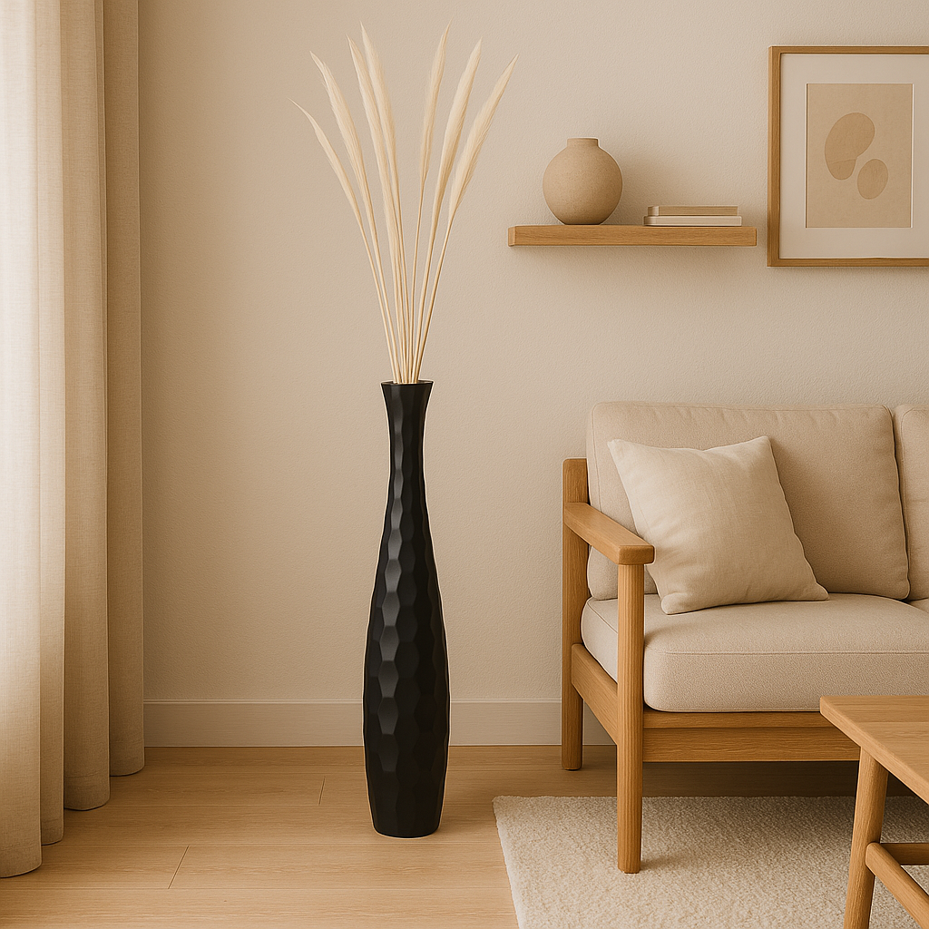 Large Mango Wood Floor Vase – Handcrafted Decorative Highlight from Thailand, black, 85 cm