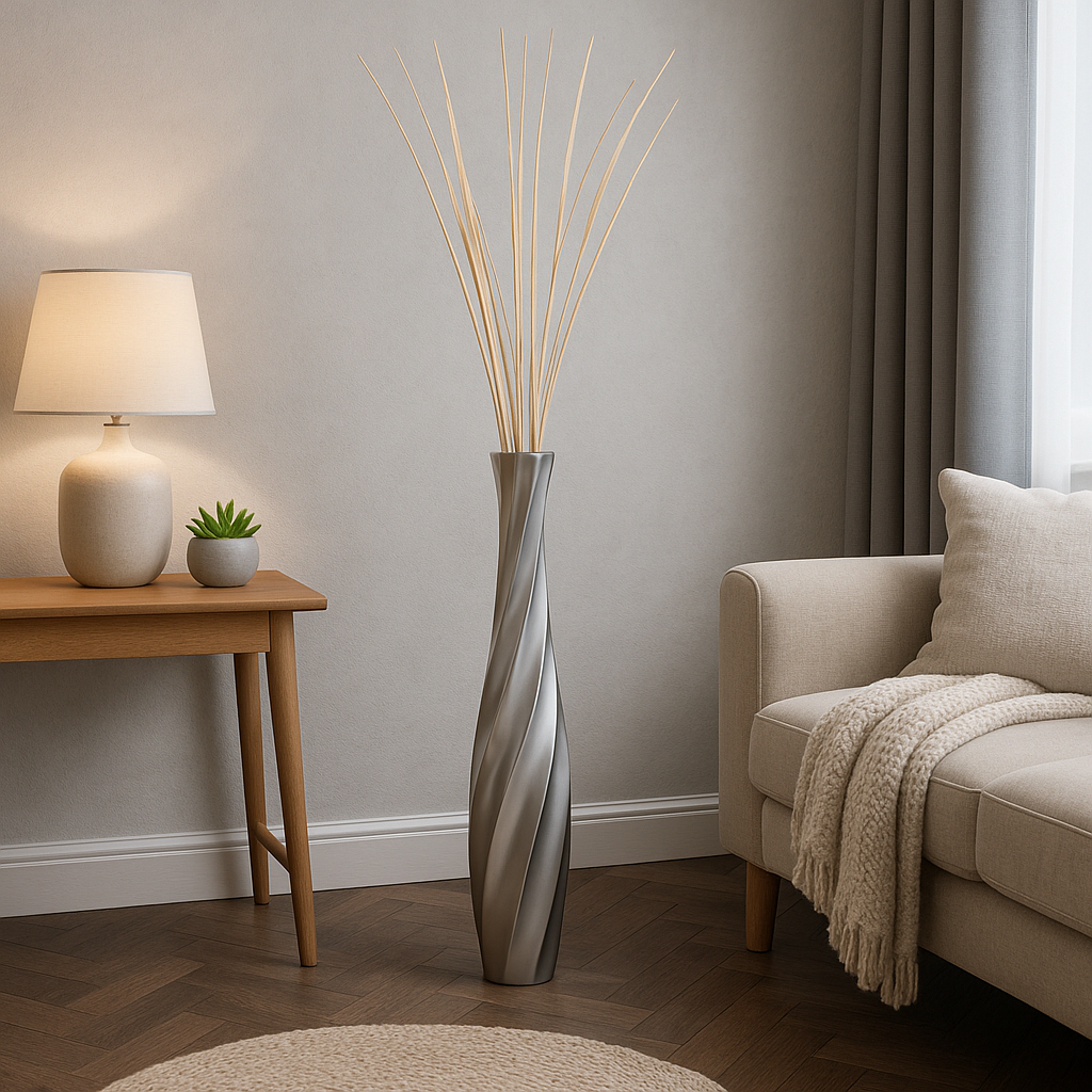 Large Mango Wood Floor Vase – Handcrafted Decorative Highlight from Thailand, silver, 65 cm