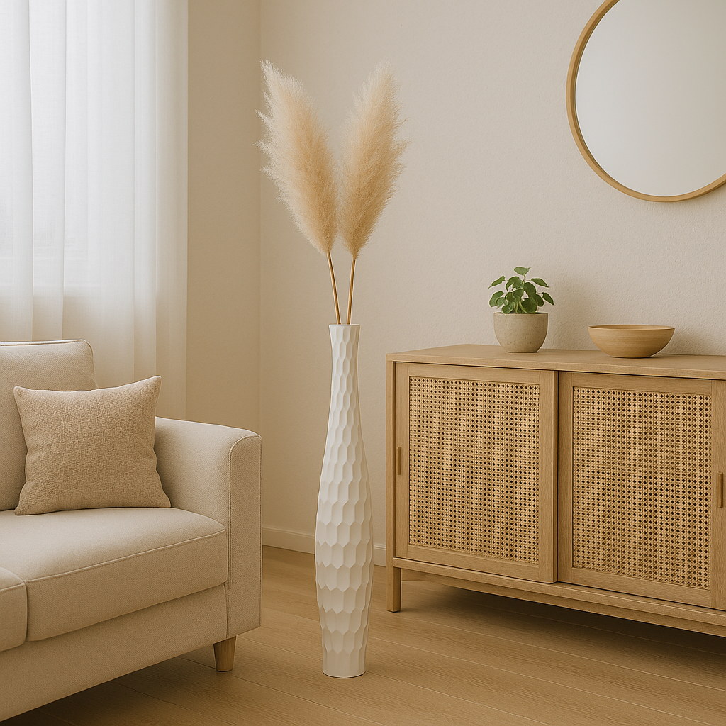 Large Mango Wood Floor Vase – Handcrafted Decorative Highlight from Thailand, white, 85 cm