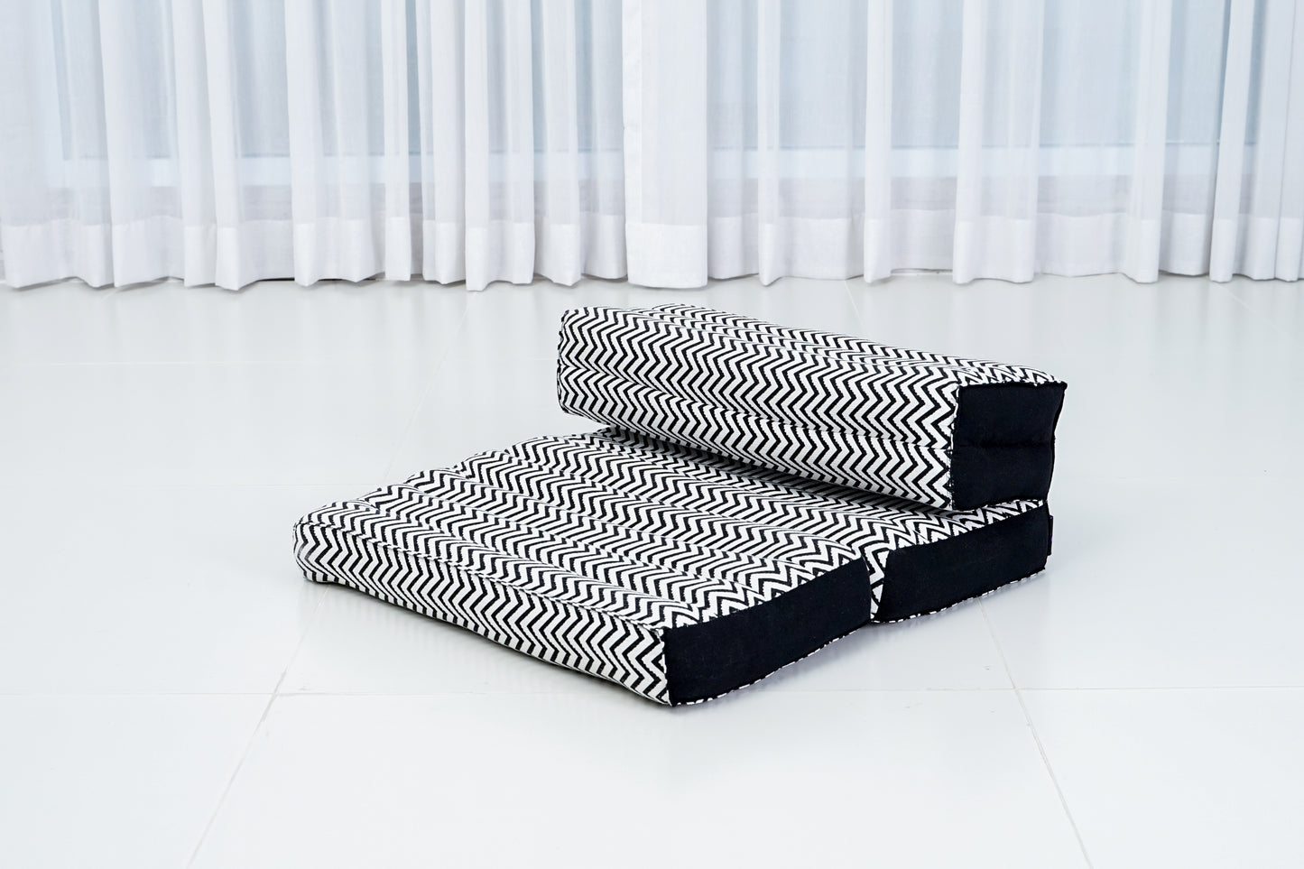 Foldable Meditation Cushion – Compact Kapok Seat with Foot Pad and Cotton Cover in Solid Colors or Thai Pattern, Cbt5 - Black