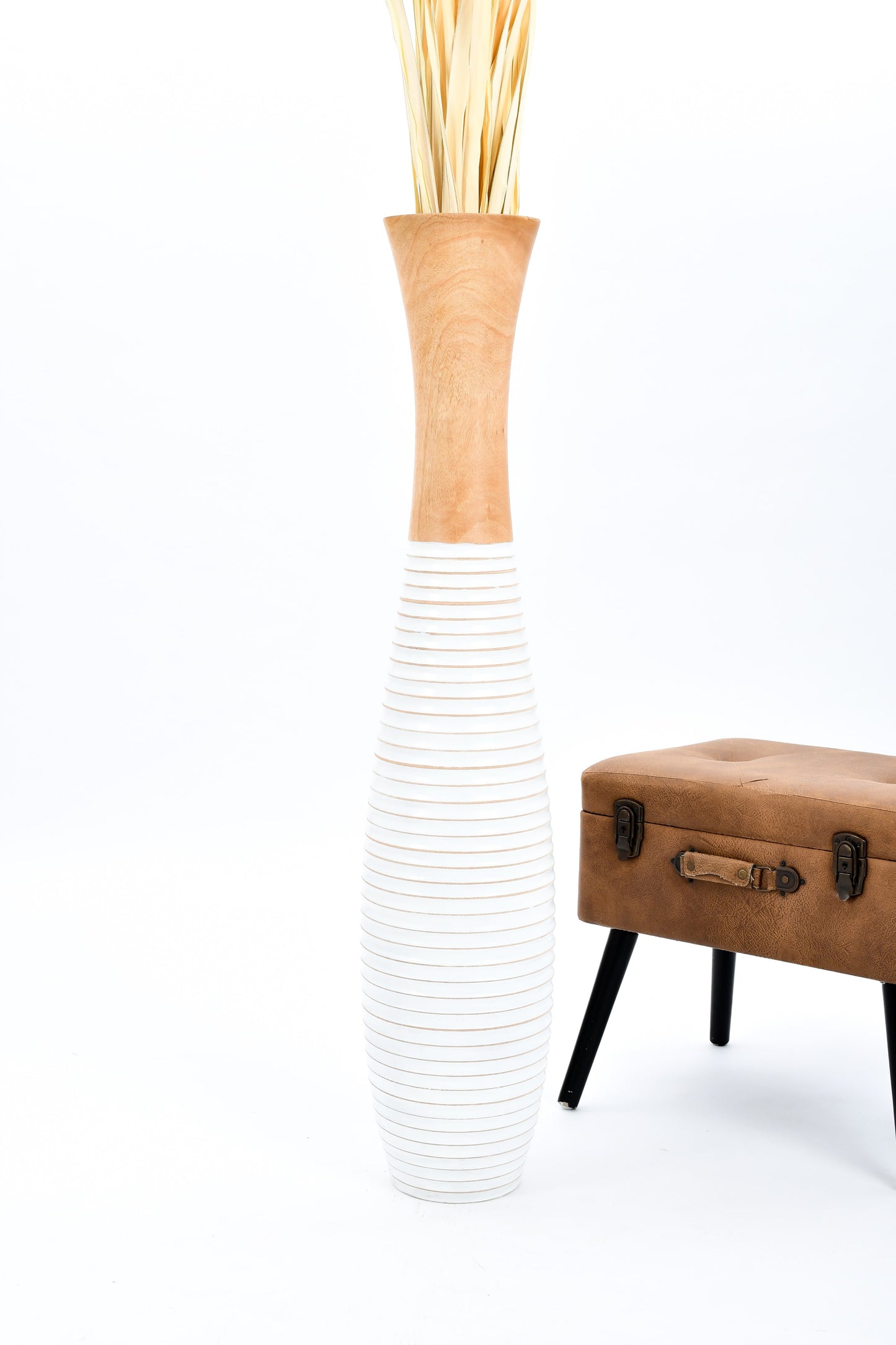 Large Mango Wood Floor Vase – Handcrafted Decorative Highlight from Thailand, white, ecru, 105 cm