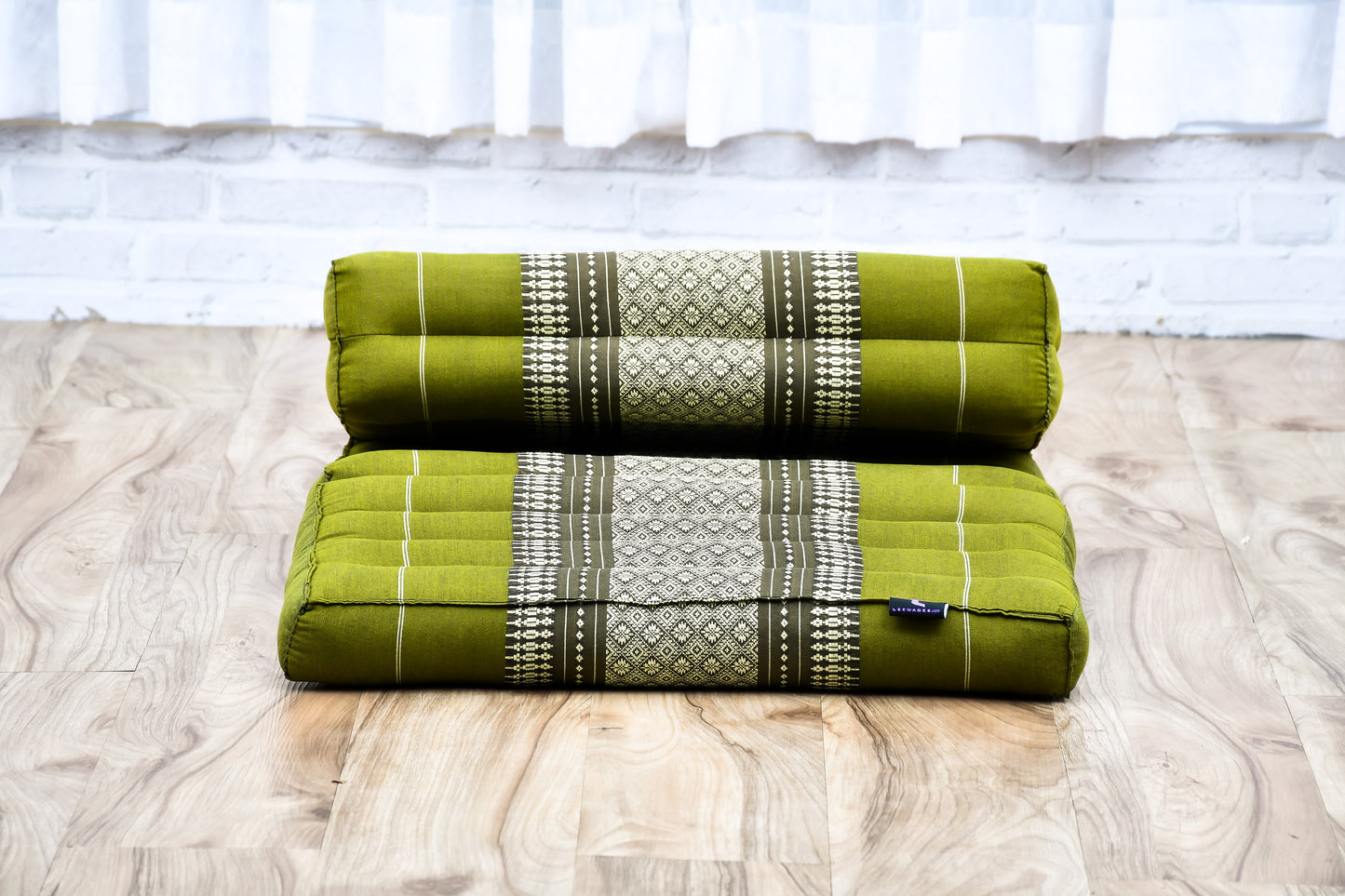 Foldable Meditation Cushion – Compact Kapok Seat with Foot Pad and Cotton Cover in Solid Colors or Thai Pattern, Sf17 - Green