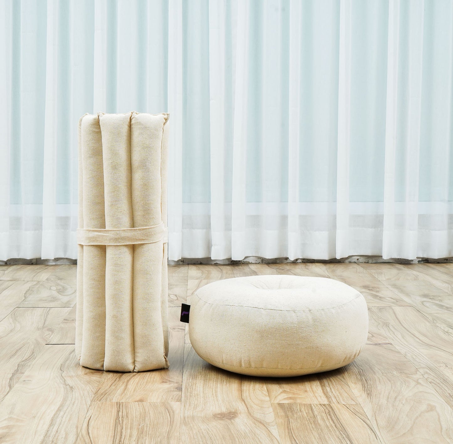 Compact Meditation Cushion Set Made of Kapok – Small Zabuton & Zafu with Cotton Cover, Cl01 - Ecru