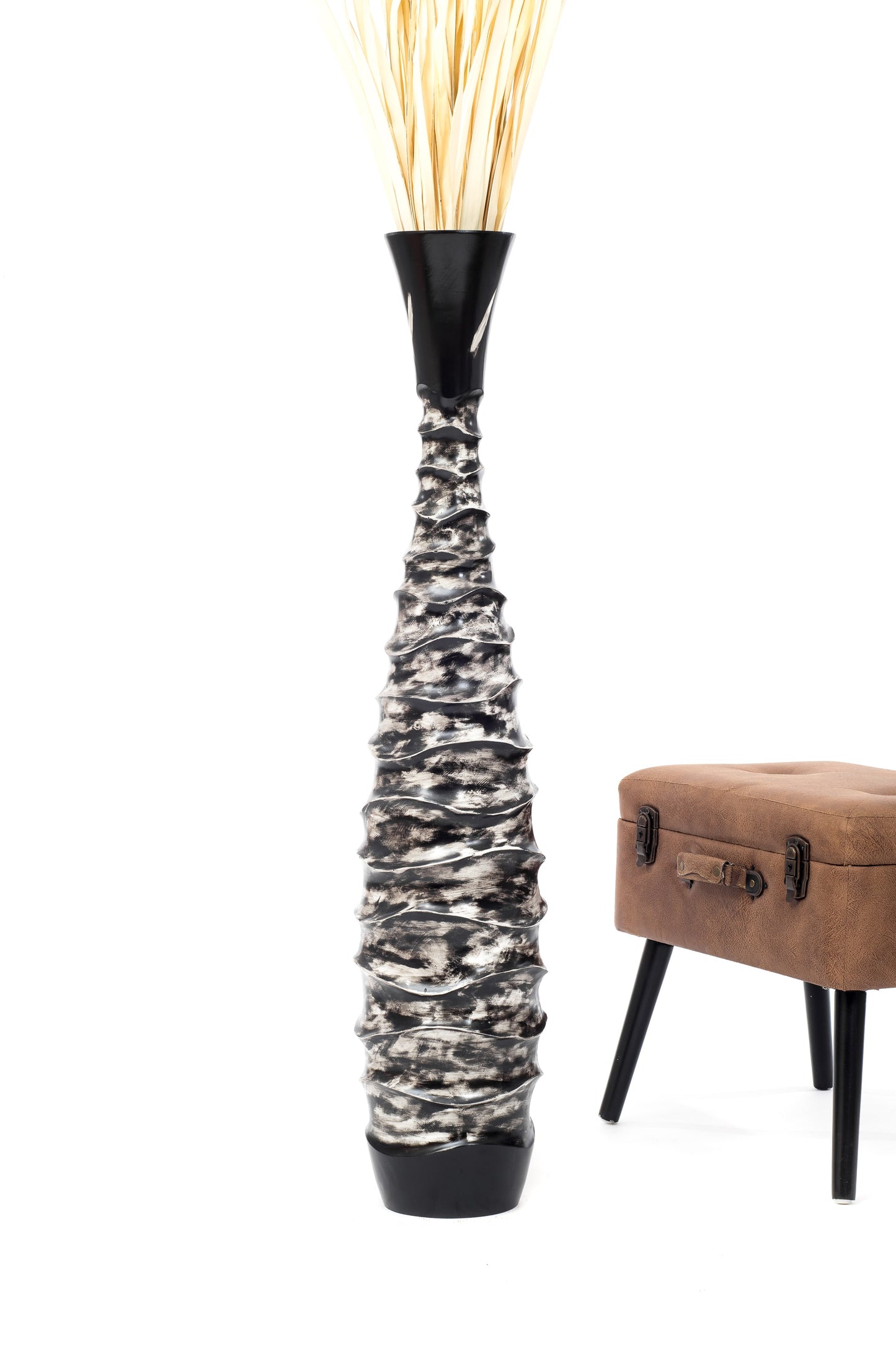 Large Mango Wood Floor Vase – Handcrafted Decorative Highlight from Thailand, black, white, 105 cm