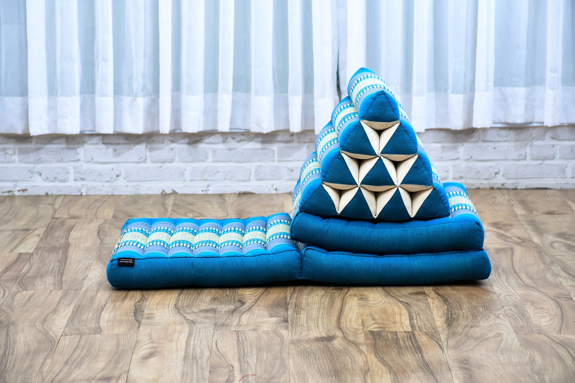 Thai Folding Mat with Triangle Cushion – Handmade Kapok Relax Mat for Sleeping, Reading & Lounging, Sf22 - Blue, 3 seating segments