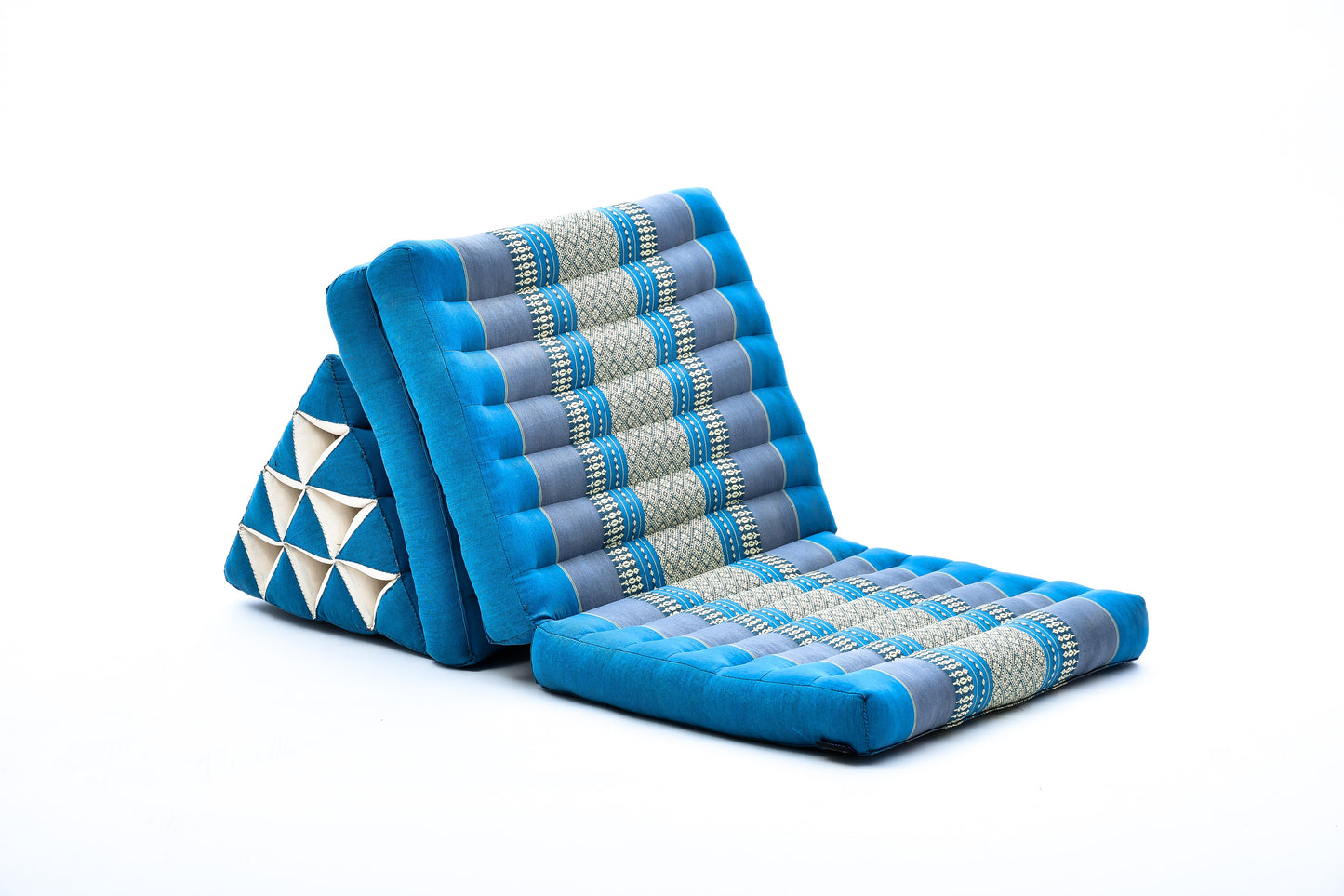 Thai Folding Mat with Triangle Cushion – Handmade Kapok Relax Mat for Sleeping, Reading & Lounging, Sf22 - Blue, 3 seating segments