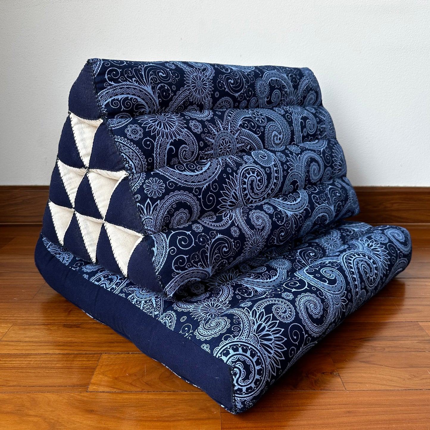 Triangular Kapok Backrest Cushion – Firm Thai Reading Pillow with Cotton Cover in Plain or Patterned Designs, Cbt1 - Blue, 1 seating segment