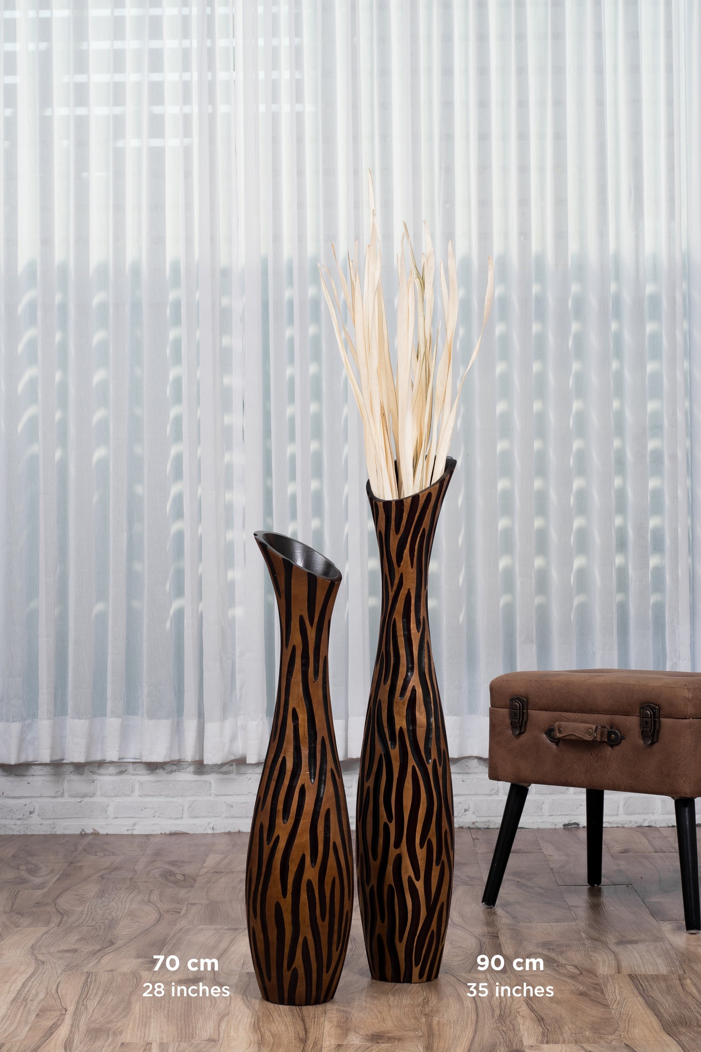 Large Mango Wood Floor Vase – Handcrafted Decorative Highlight from Thailand, brown, black, 85 cm