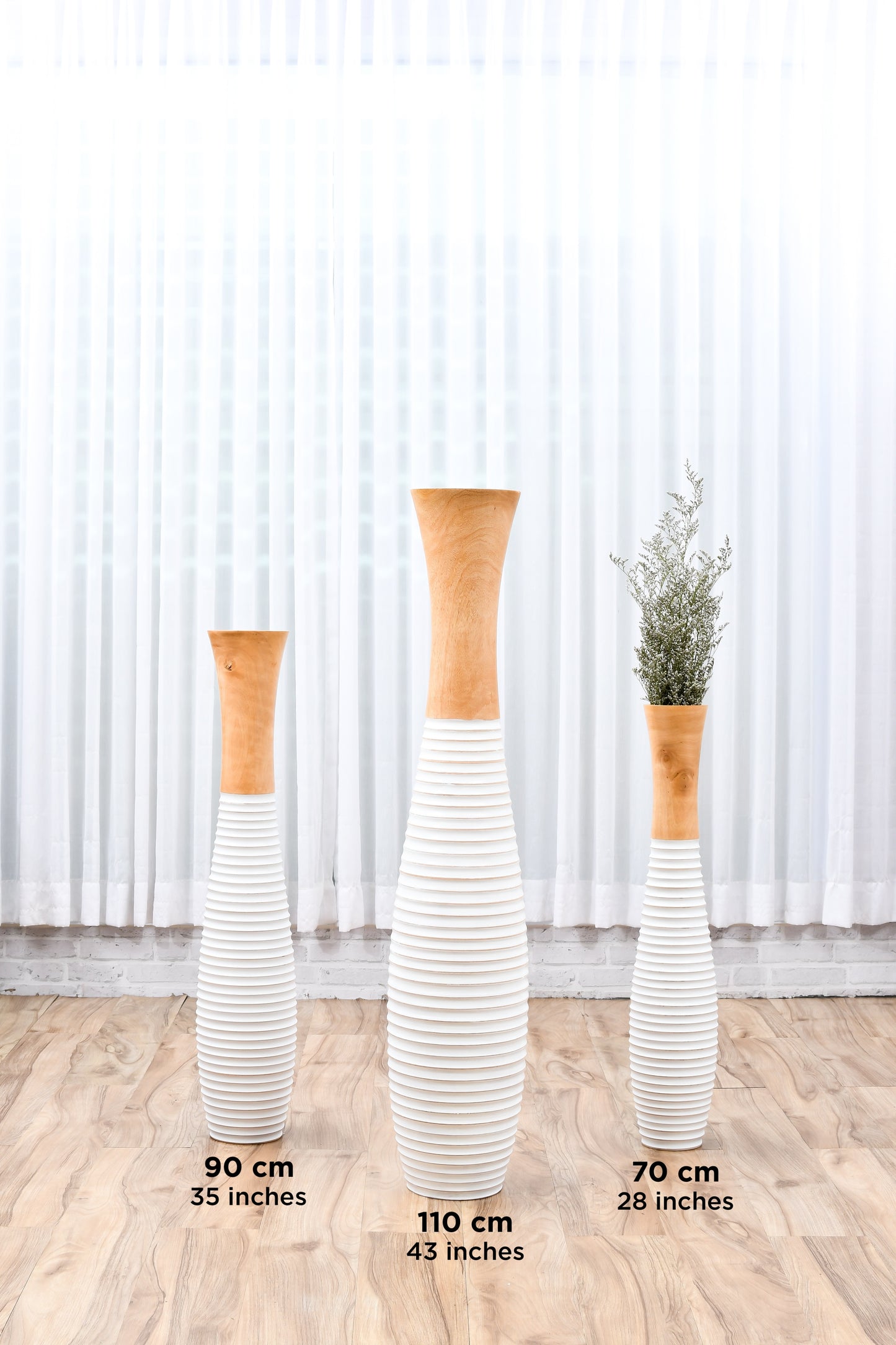 Large Mango Wood Floor Vase – Handcrafted Decorative Highlight from Thailand, white, ecru, 85 cm