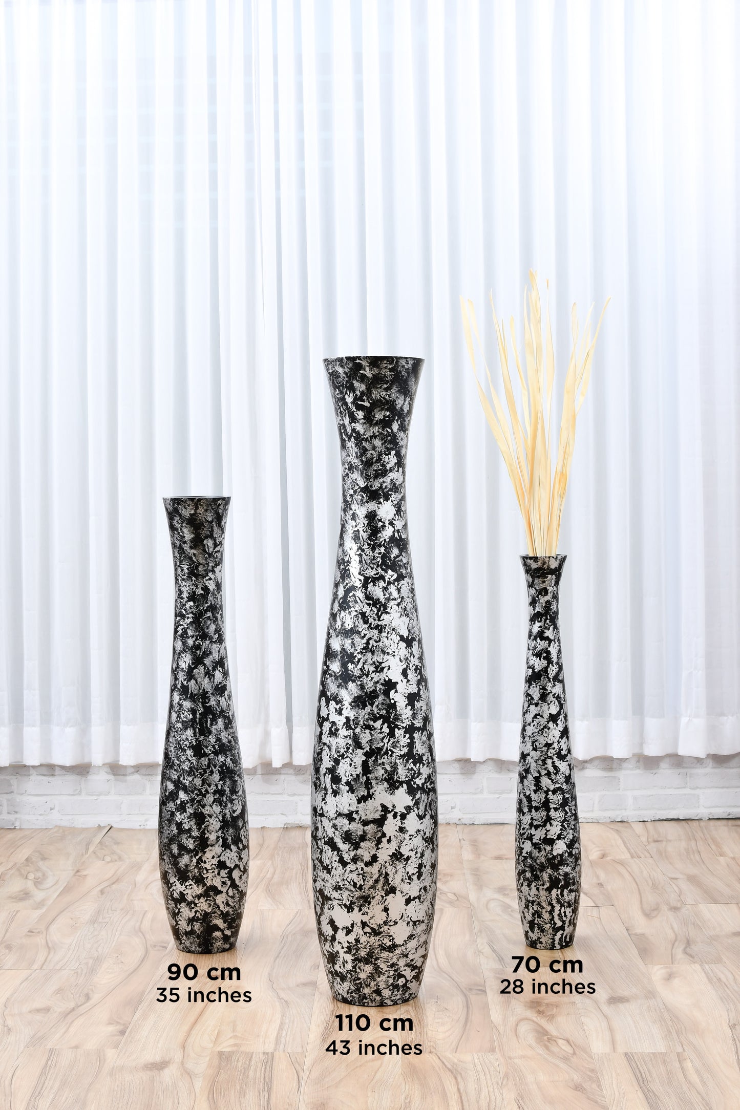 Large Mango Wood Floor Vase – Handcrafted Decorative Highlight from Thailand, silver, black, 85 cm