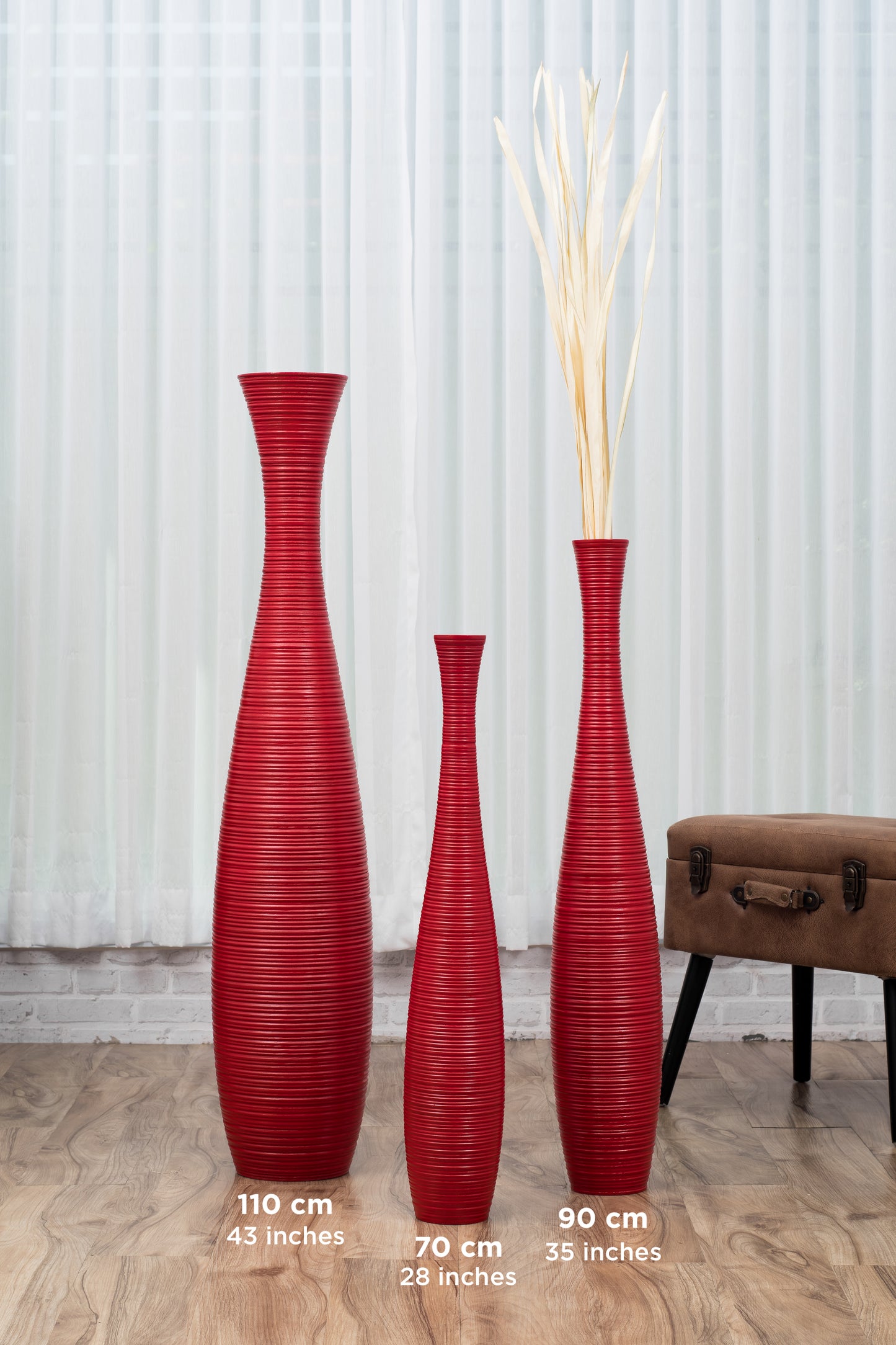 Large Mango Wood Floor Vase – Handcrafted Decorative Highlight from Thailand, red, 65 cm