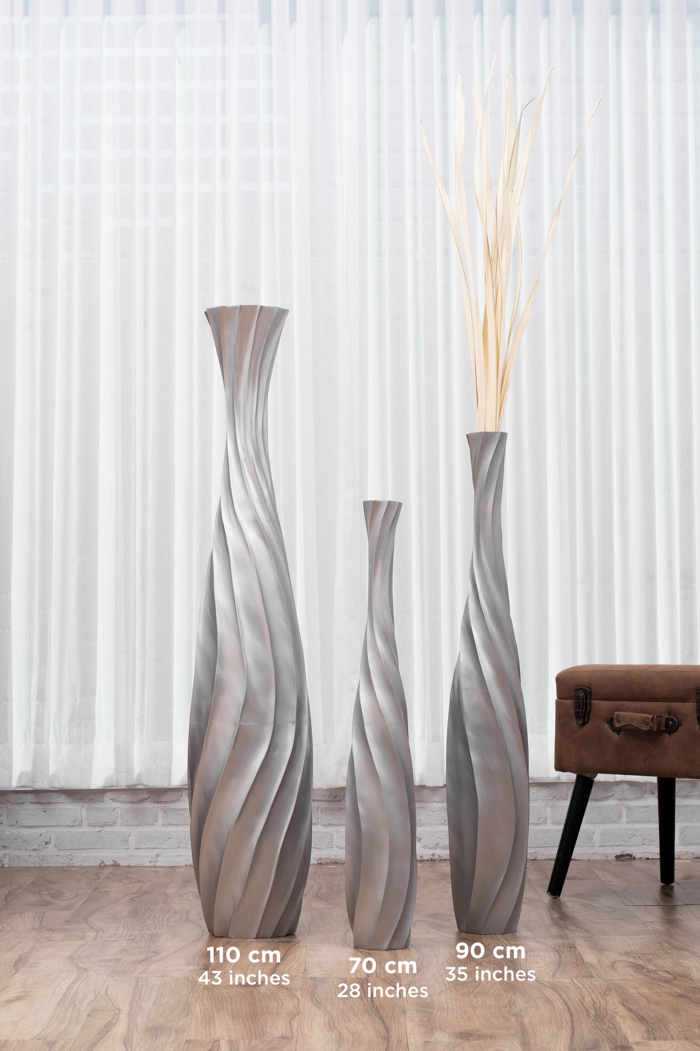 Large Mango Wood Floor Vase – Handcrafted Decorative Highlight from Thailand, silver, 85 cm
