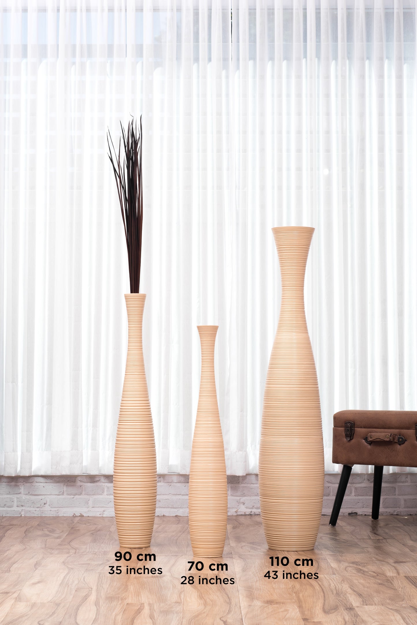 Large Mango Wood Floor Vase – Handcrafted Decorative Highlight from Thailand, cream, 85 cm