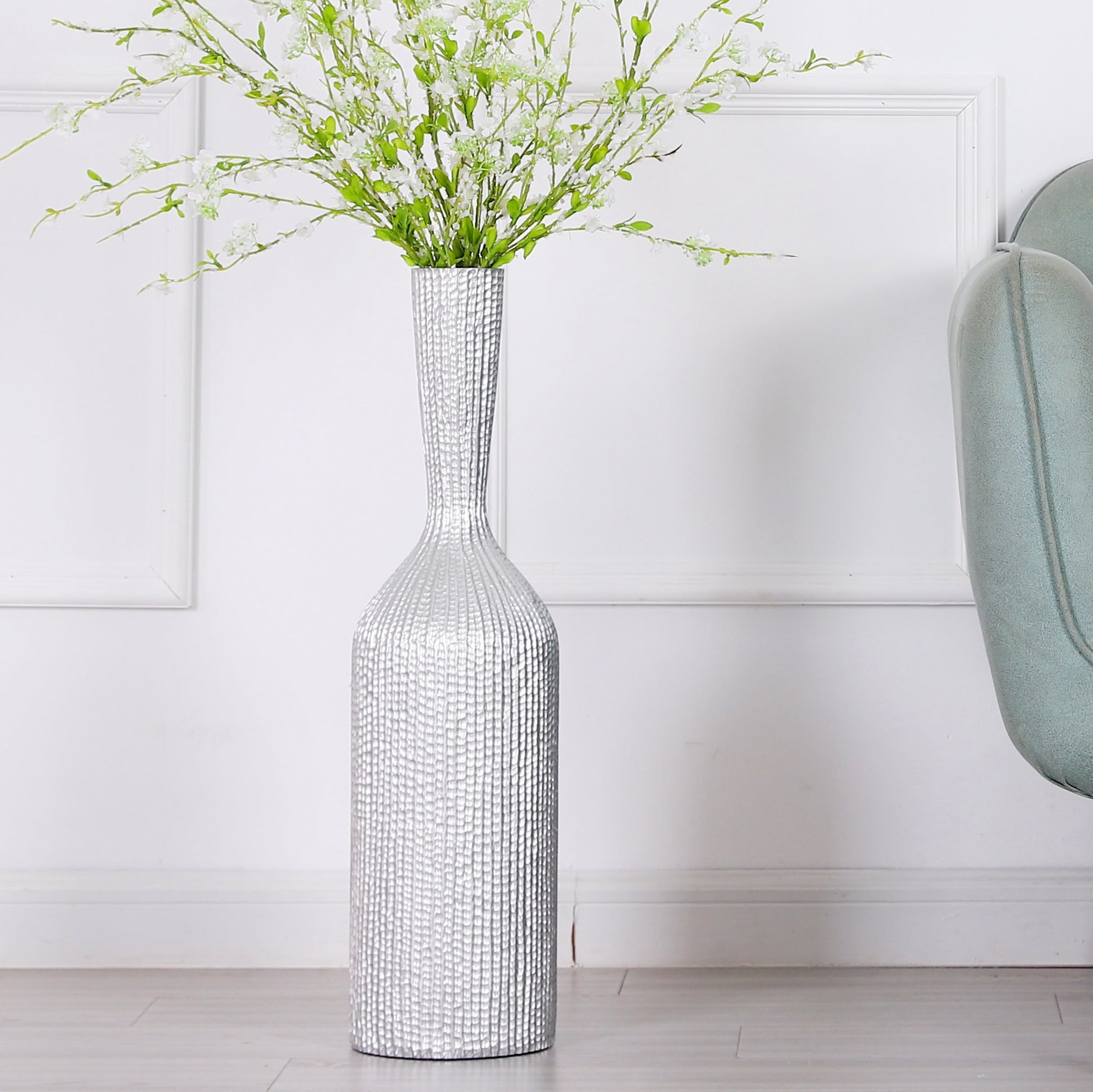 Large Resin Floor Vase – Stylish Waterproof Vase for Fresh & Dried Flowers, silver, 65 cm