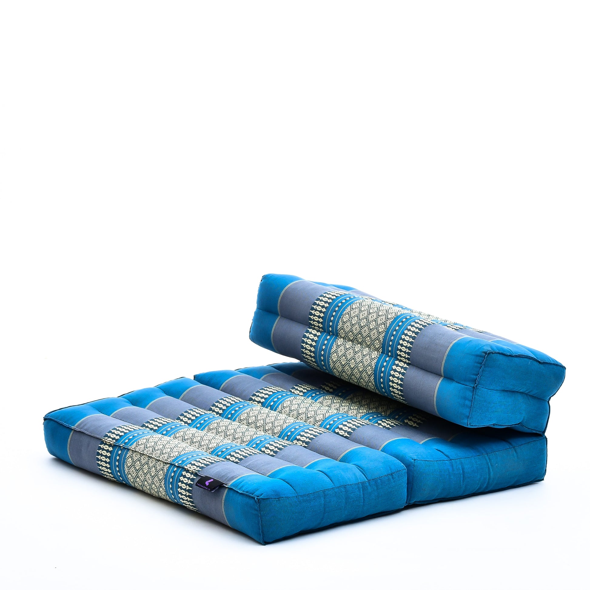 Foldable Meditation Cushion – Compact Kapok Seat with Foot Pad and Cotton Cover in Solid Colors or Thai Pattern, Sf22 - Blue