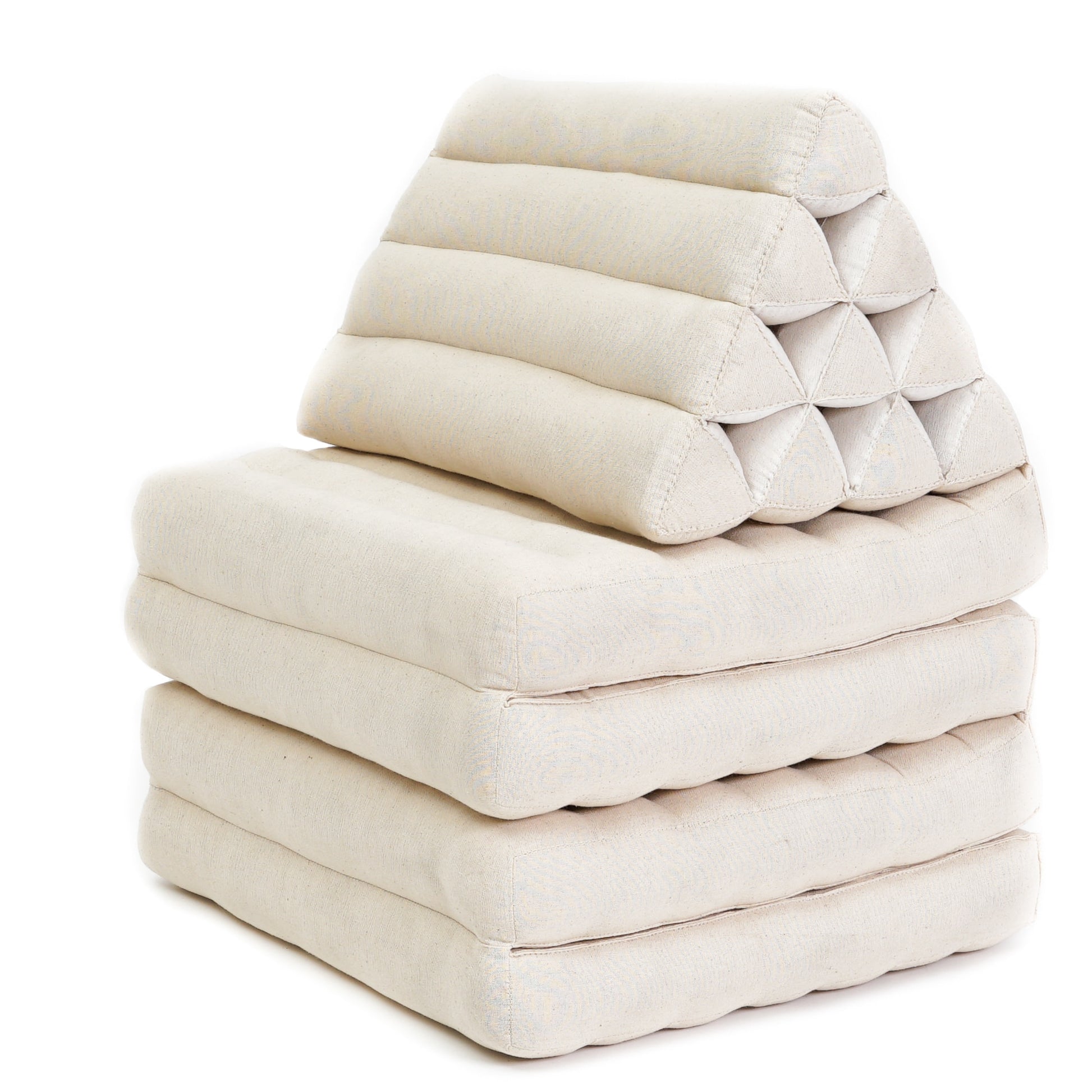 Thai Folding Mat with Triangle Cushion – Handmade Kapok Relax Mat for Sleeping, Reading & Lounging, Cl01 - Ecru, 4 seating segments